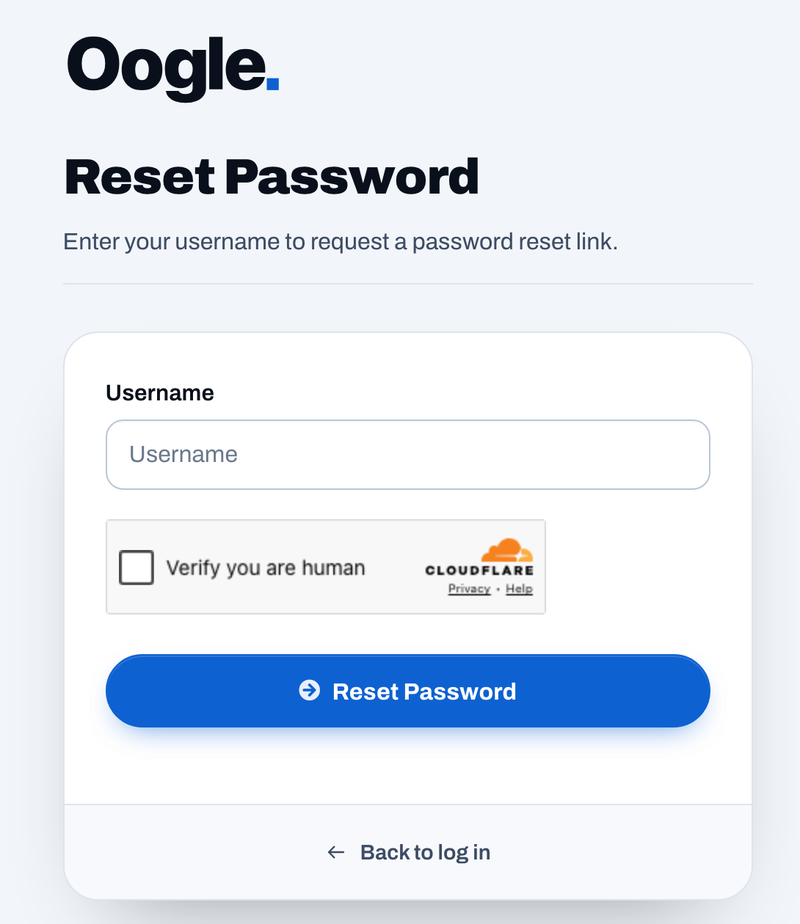 The client portal Reset Password form, with the Username field, the Cloudflare check, the Reset Password button and the Back to log in link