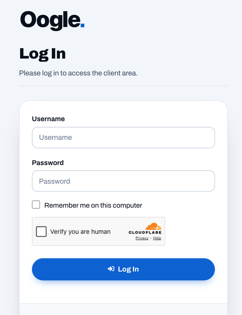 The client portal Log In form, with Username and Password fields, the Remember me on this computer option, the Cloudflare check and the Log In button
