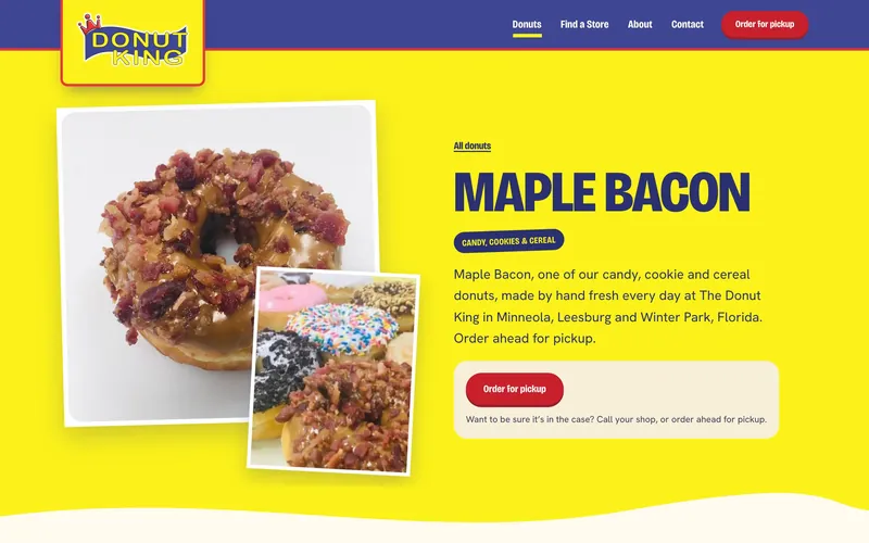 The Donut King’s Maple Bacon page: the donut, its category and an Order for pickup button, on yellow.