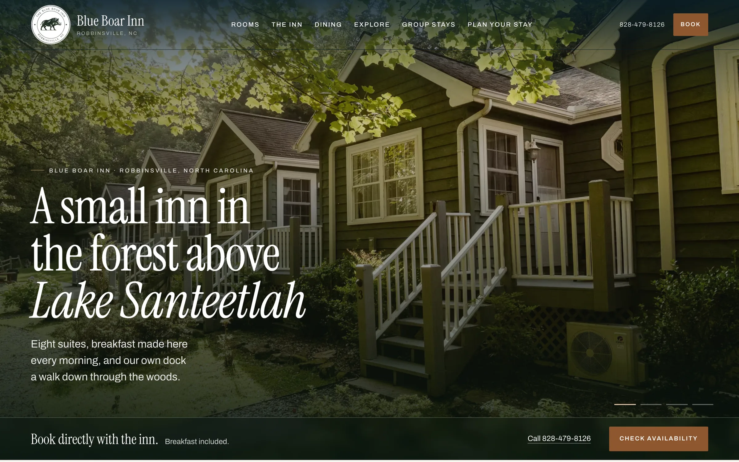 The rebuilt Blue Boar Inn homepage by Oogle: a photograph of the inn among the trees, the headline A small inn in the forest above Lake Santeetlah, and a Check Availability button.