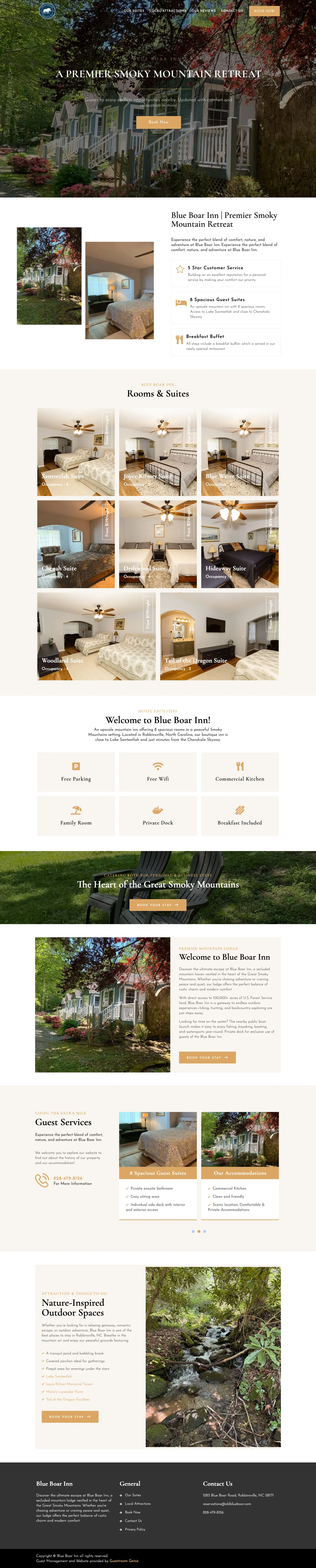 The full original Blue Boar Inn homepage: the photo header, an introduction, a grid of eight room photos, an amenities grid, a Heart of the Great Smoky Mountains banner, guest services, outdoor spaces and the footer.
