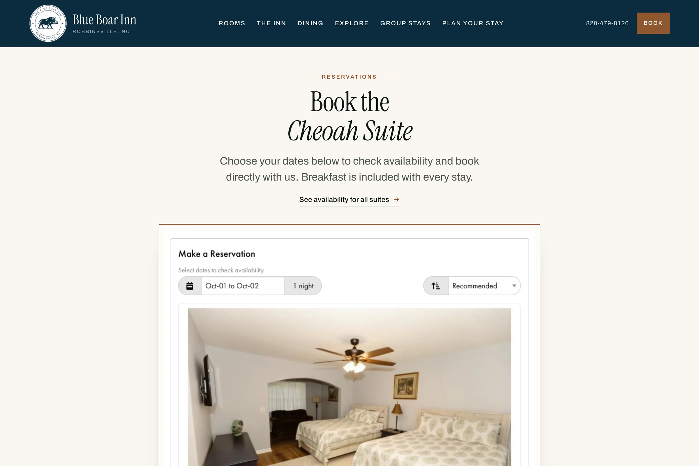 The Blue Boar Inn booking page opened from one room: the heading Book the Cheoah Suite above the booking form, filtered to that room.