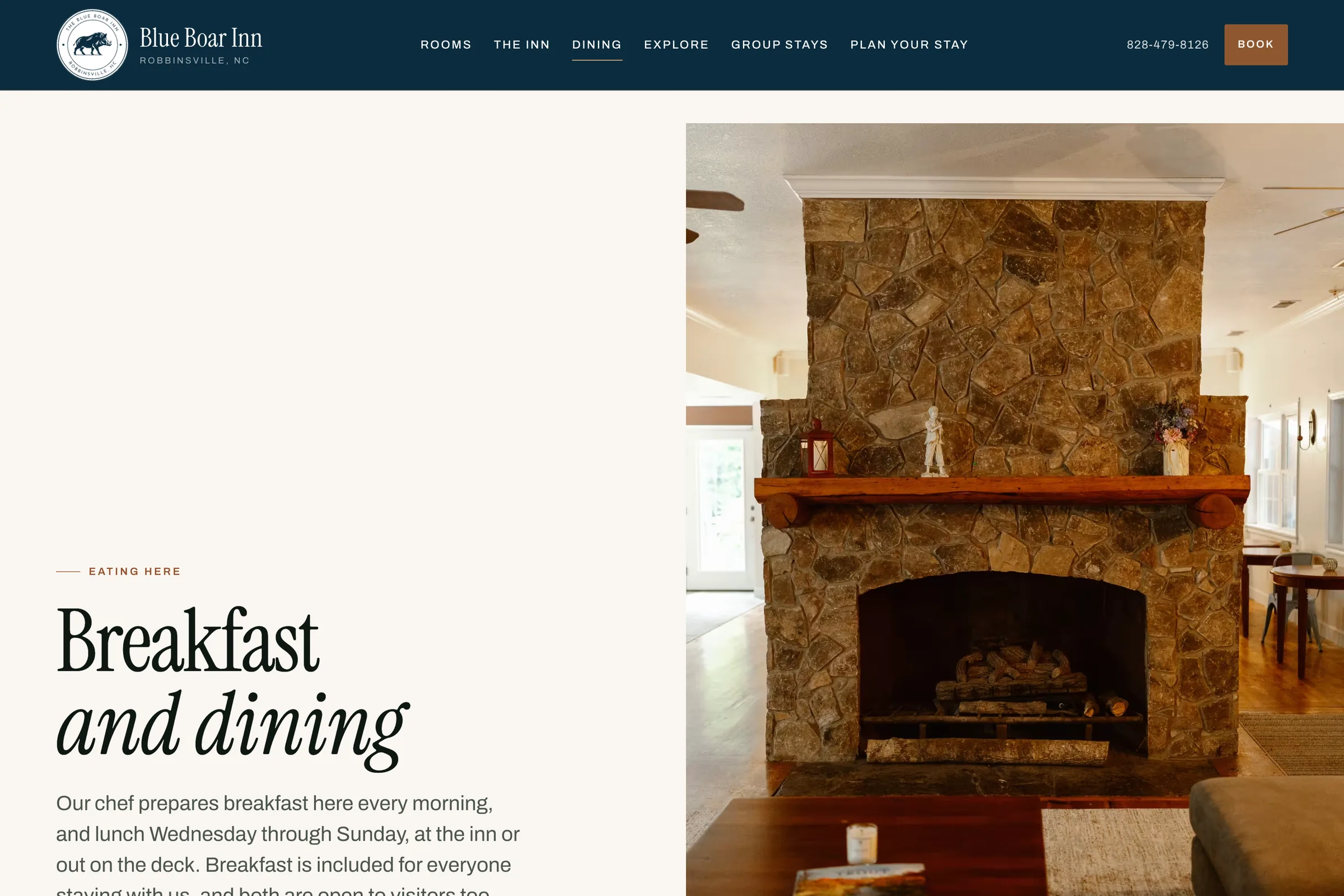 The Breakfast and Dining page on the Blue Boar Inn site: the heading beside a photograph of the stone fireplace in the dining room.