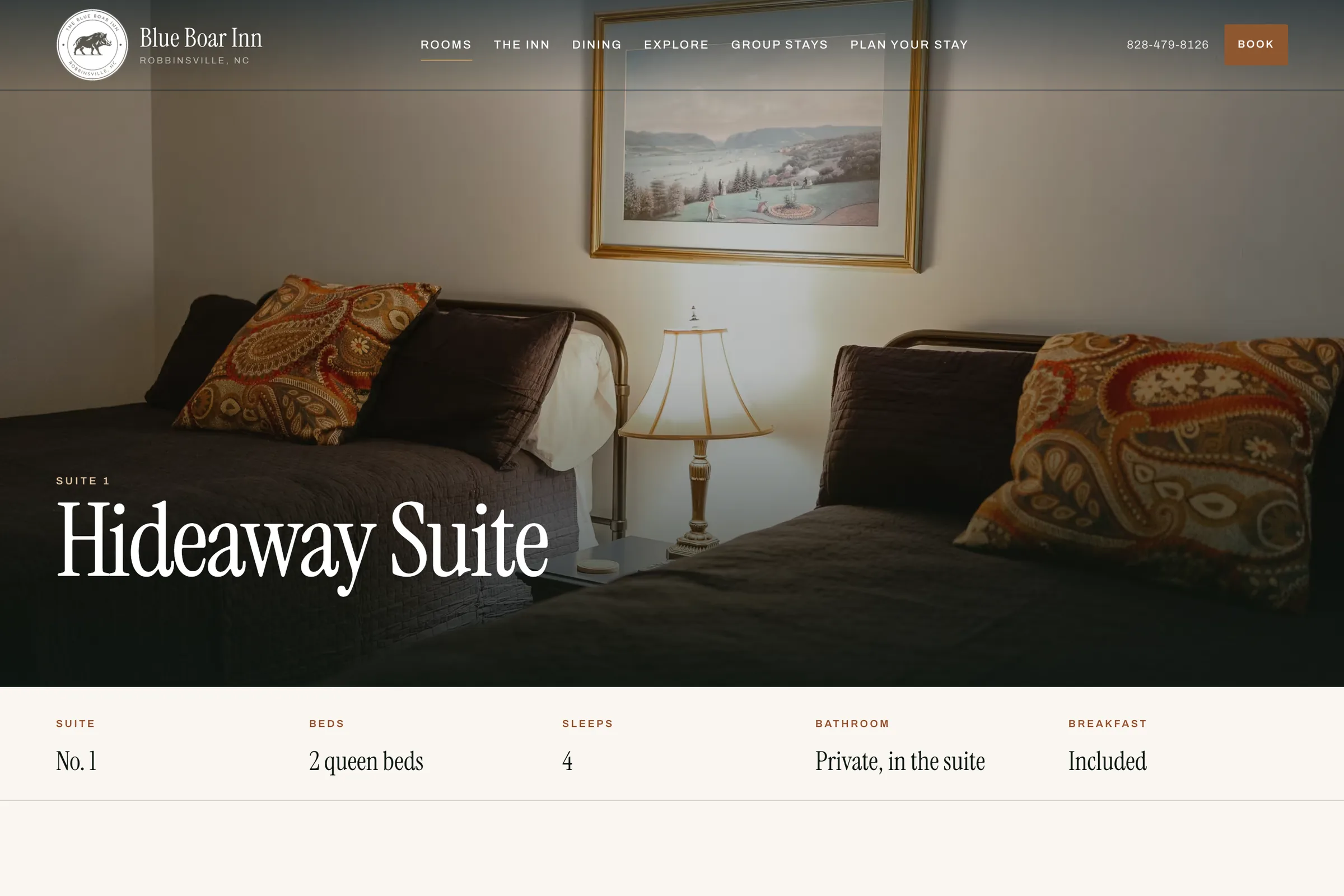 The Hideaway Suite page on the Blue Boar Inn site: a photograph of the room, its beds, capacity and private bathroom, what is included, and a Check Availability panel.