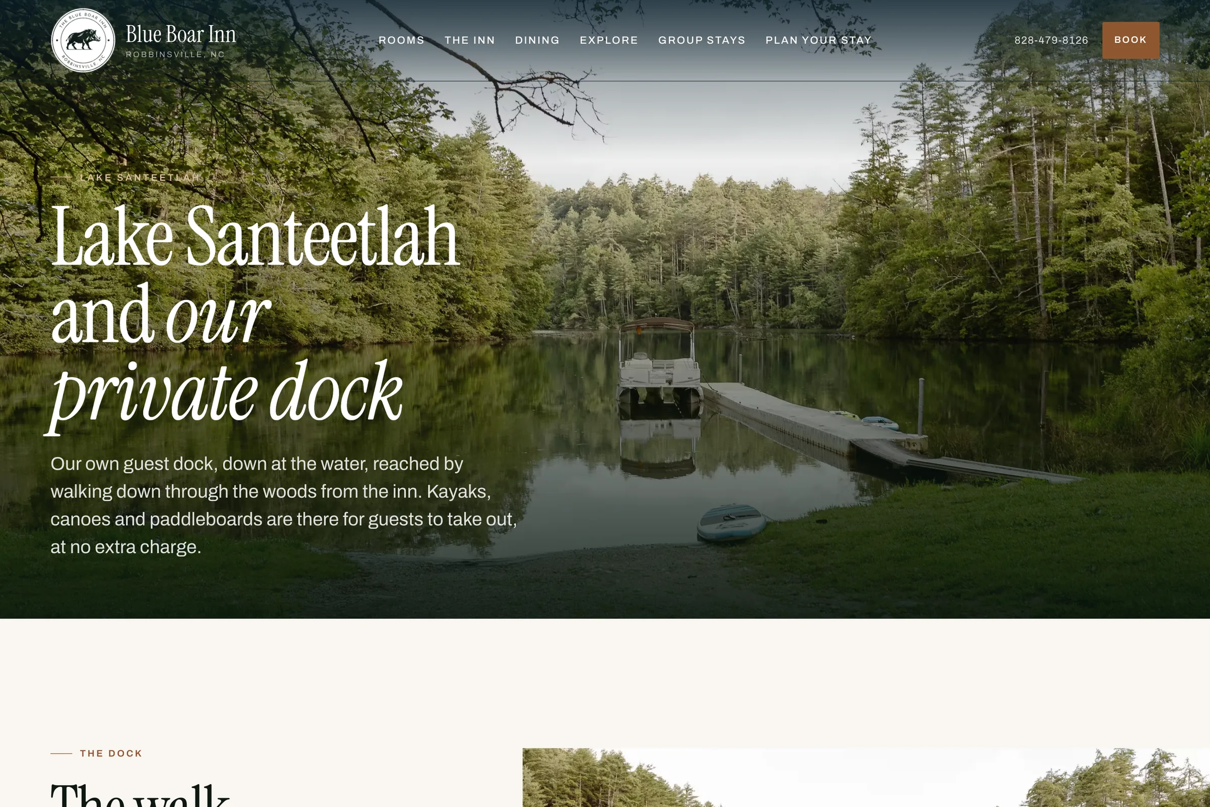 The Lake Santeetlah page on the Blue Boar Inn site: the heading Lake Santeetlah and our private dock over a photograph of the dock on the water.