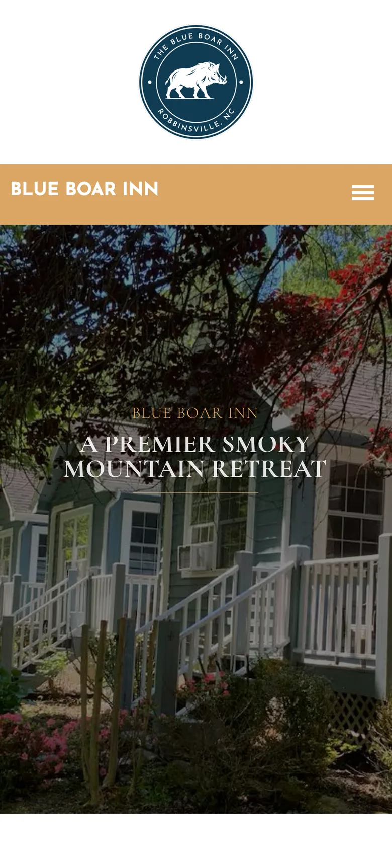 The original Blue Boar Inn homepage on a phone: the photo header with the Smoky Mountain retreat headline and a Book Now button.