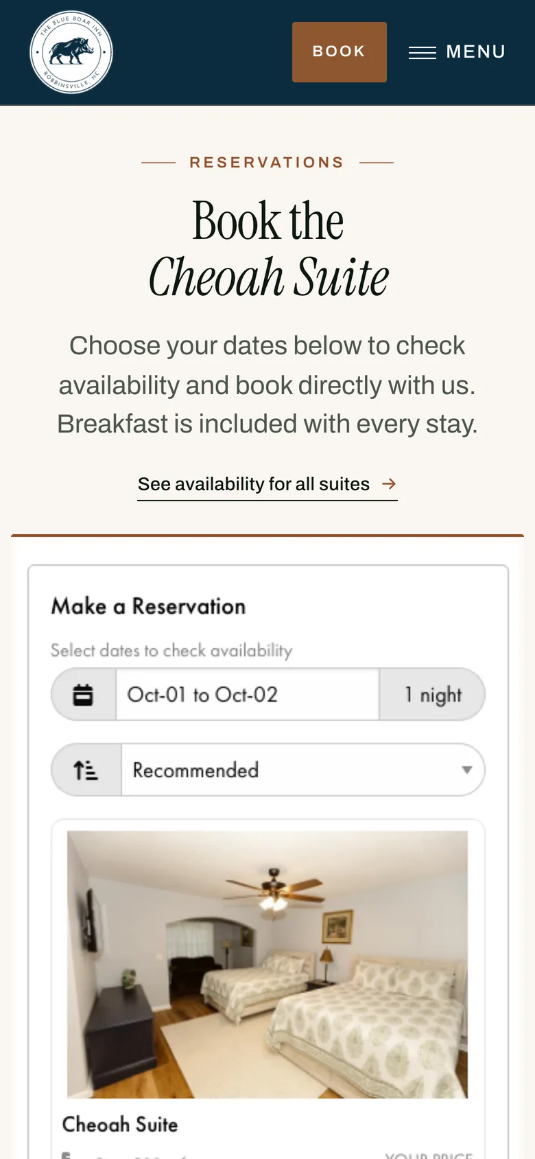 The Blue Boar Inn booking page on a phone, set to the Cheoah Suite, with the booking form below the heading.