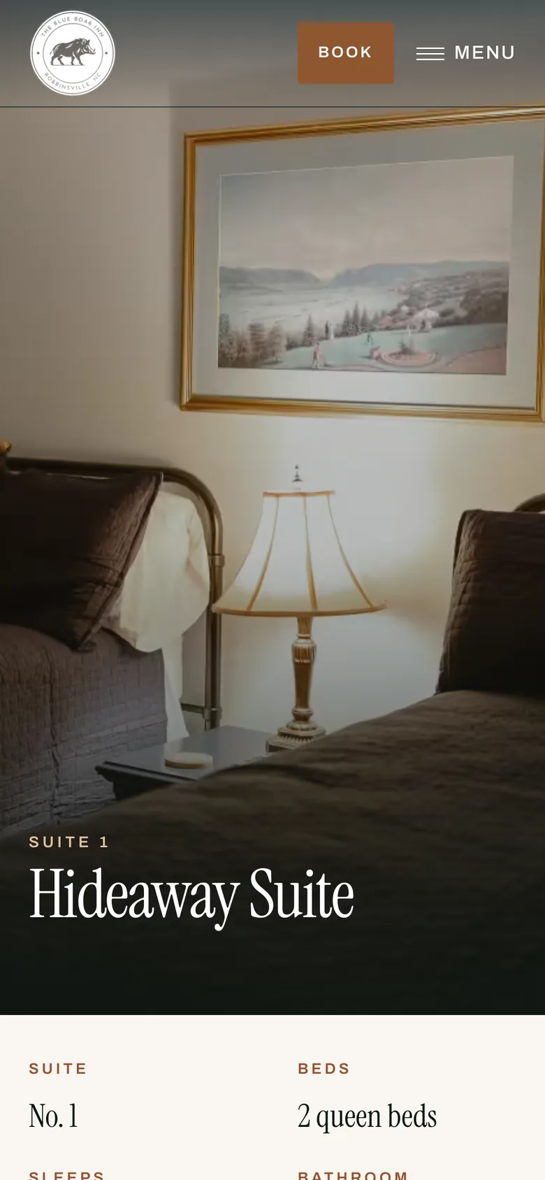 The Hideaway Suite page on a phone: the room's photograph and name with its key facts below.