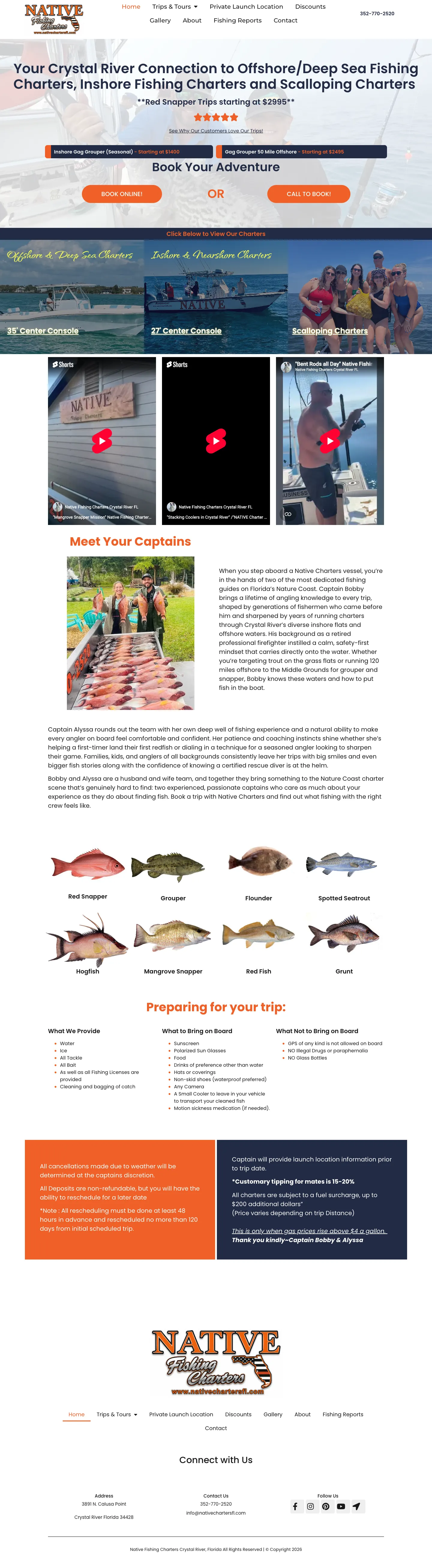 The full original Native Charters homepage: header, hero, three charter photos, three embedded videos, captain biographies, a grid of fish, trip preparation lists, policies and the footer.