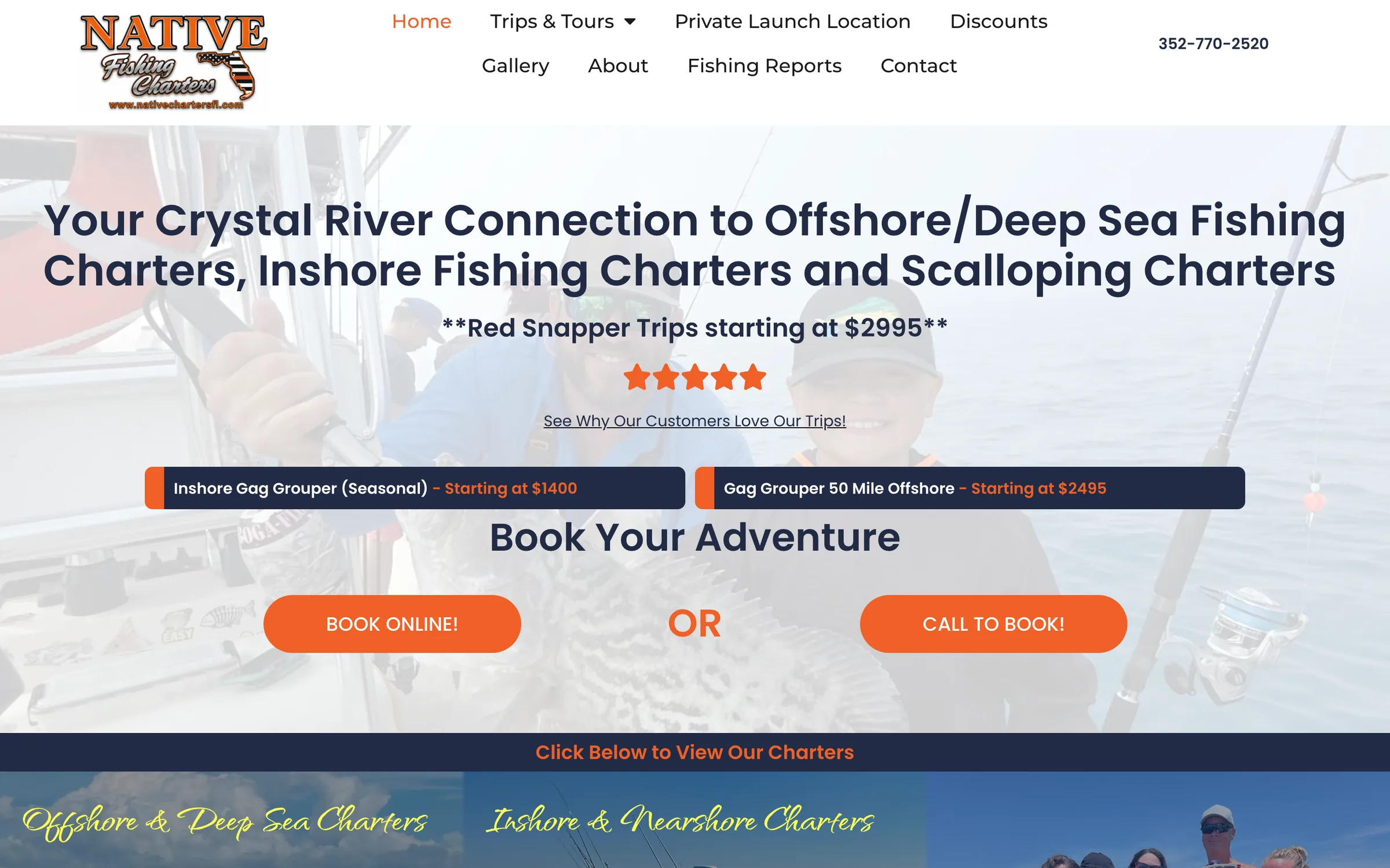 The original Native Charters homepage: a photo header carrying every charter type in the headline, two price banners, and Book Online and Call to Book buttons.