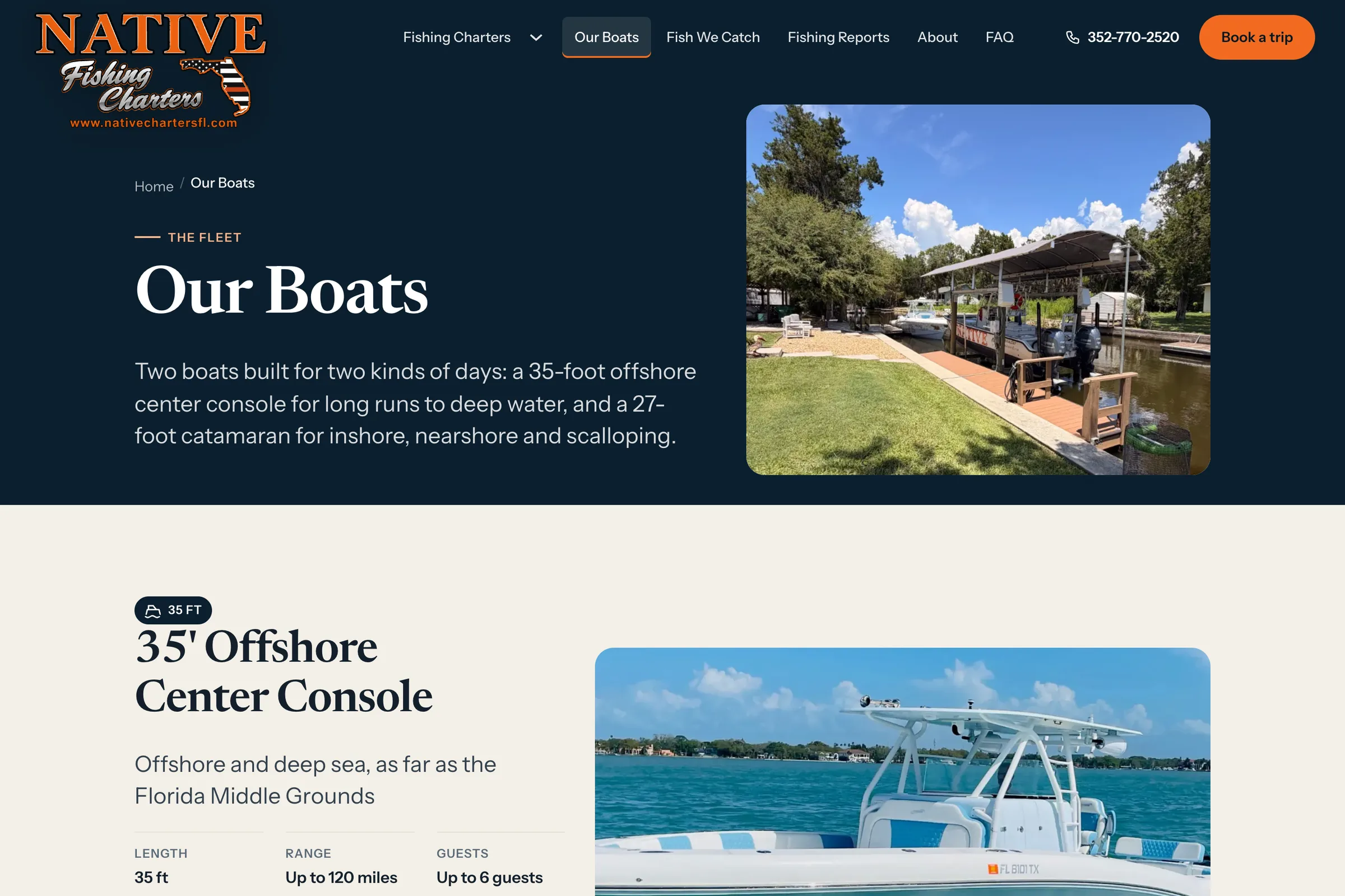The Our Boats page on the redesigned site: the 35-foot offshore center console with its length, range and guest count, and the 27-foot AmeraCat catamaran below it.