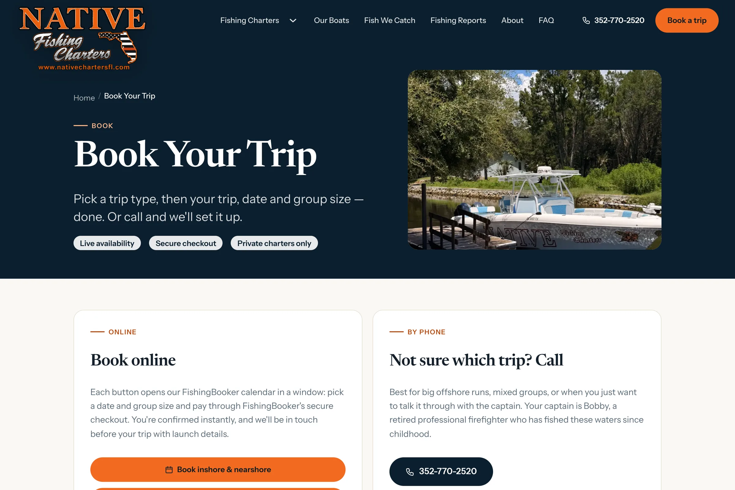 The Book Your Trip page on the redesigned site: three booking buttons for inshore and nearshore, scalloping, and offshore and deep sea trips, beside a panel for booking by phone.