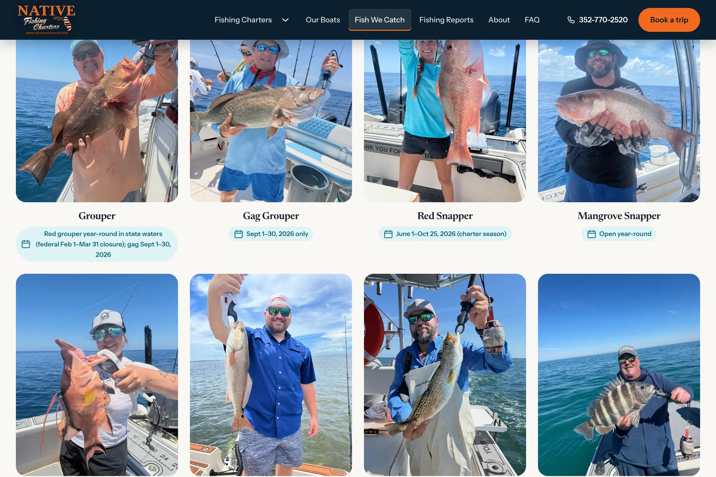 The Fish We Catch page on the redesigned site: a grid of species photographs, each with its season, including grouper, gag grouper, red snapper, mangrove snapper, hogfish, redfish, spotted seatrout and sheepshead.