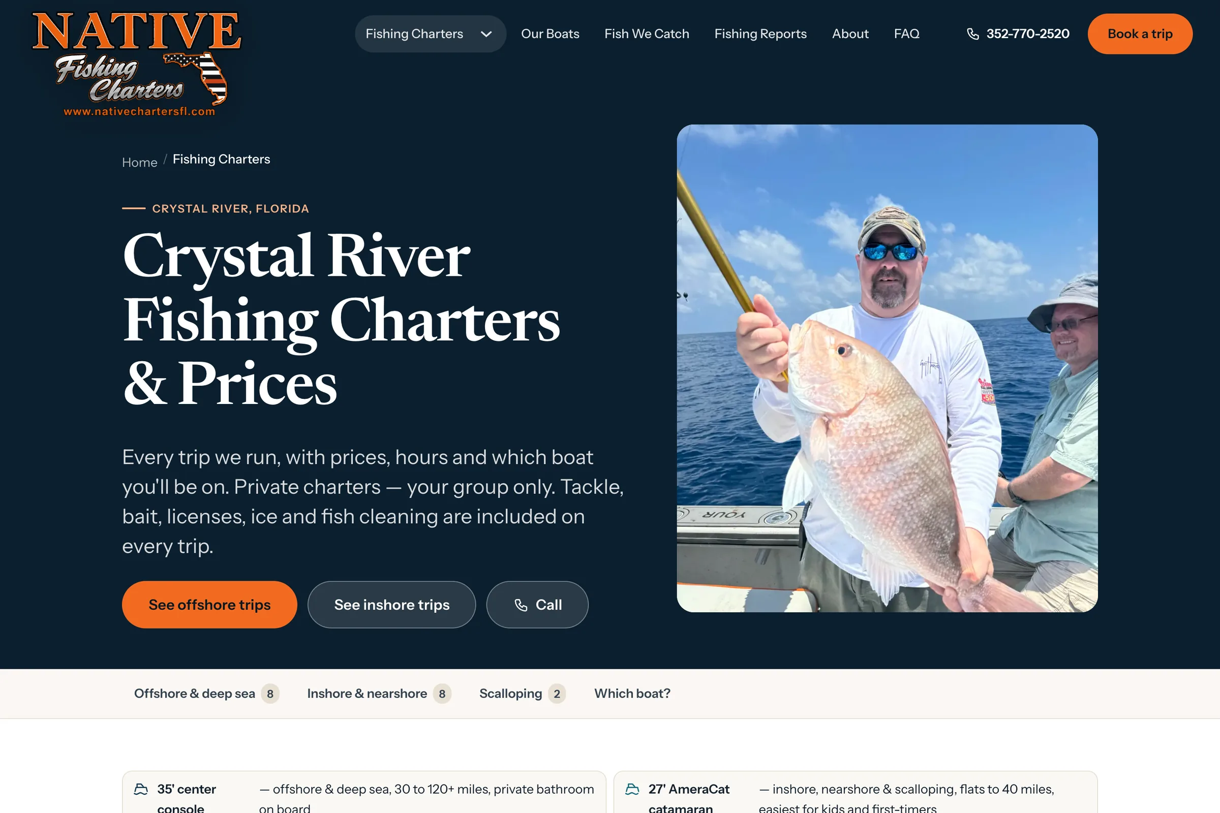 The Fishing Charters index on the redesigned site: a headline, filters for offshore, inshore and scalloping, the two boats, and the first row of trip cards.