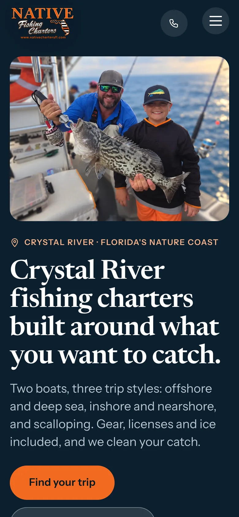 The redesigned Native Charters homepage on a phone: a photograph, the headline, a Find Your Trip button and a Call button, with the phone number one tap away in the header.