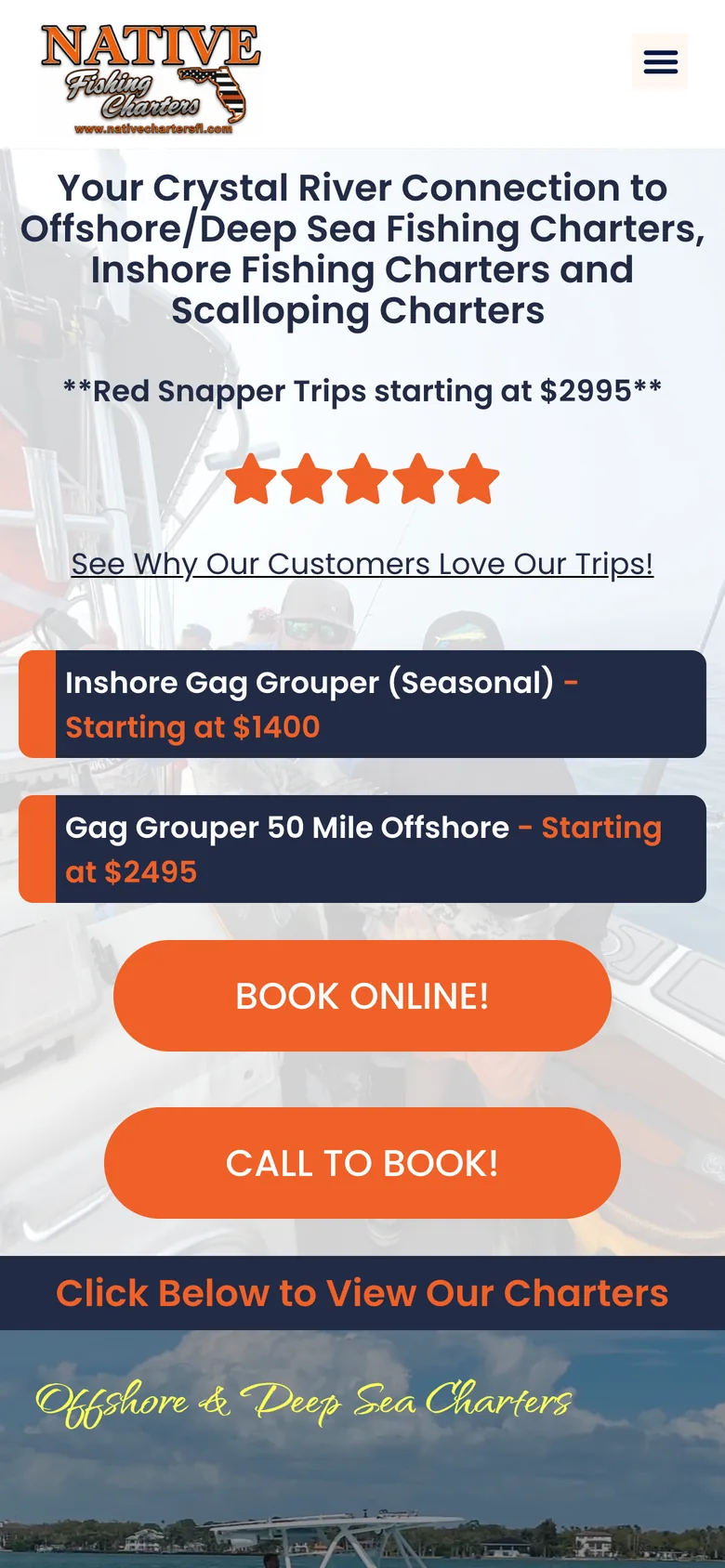The original Native Charters homepage on a phone: a long headline, star rating, two price banners and two orange buttons.