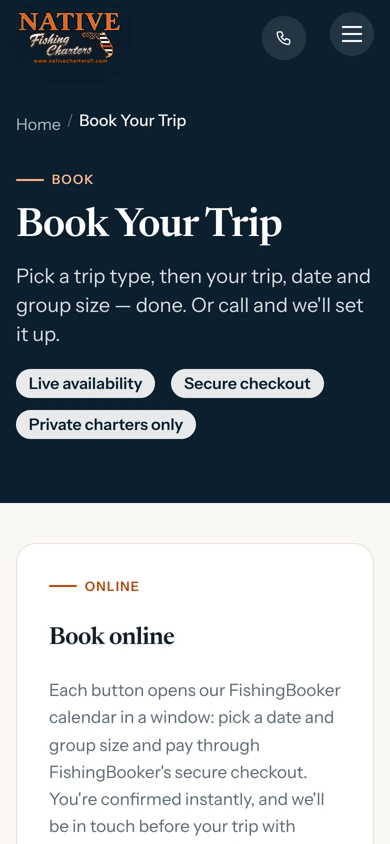 The booking page on the redesigned Native Charters site, on a phone: the heading and the three booking buttons.