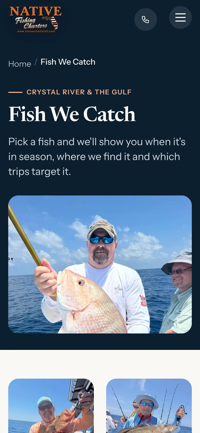 The Fish We Catch page on the redesigned Native Charters site, on a phone: the heading and the first species photographs with their seasons.