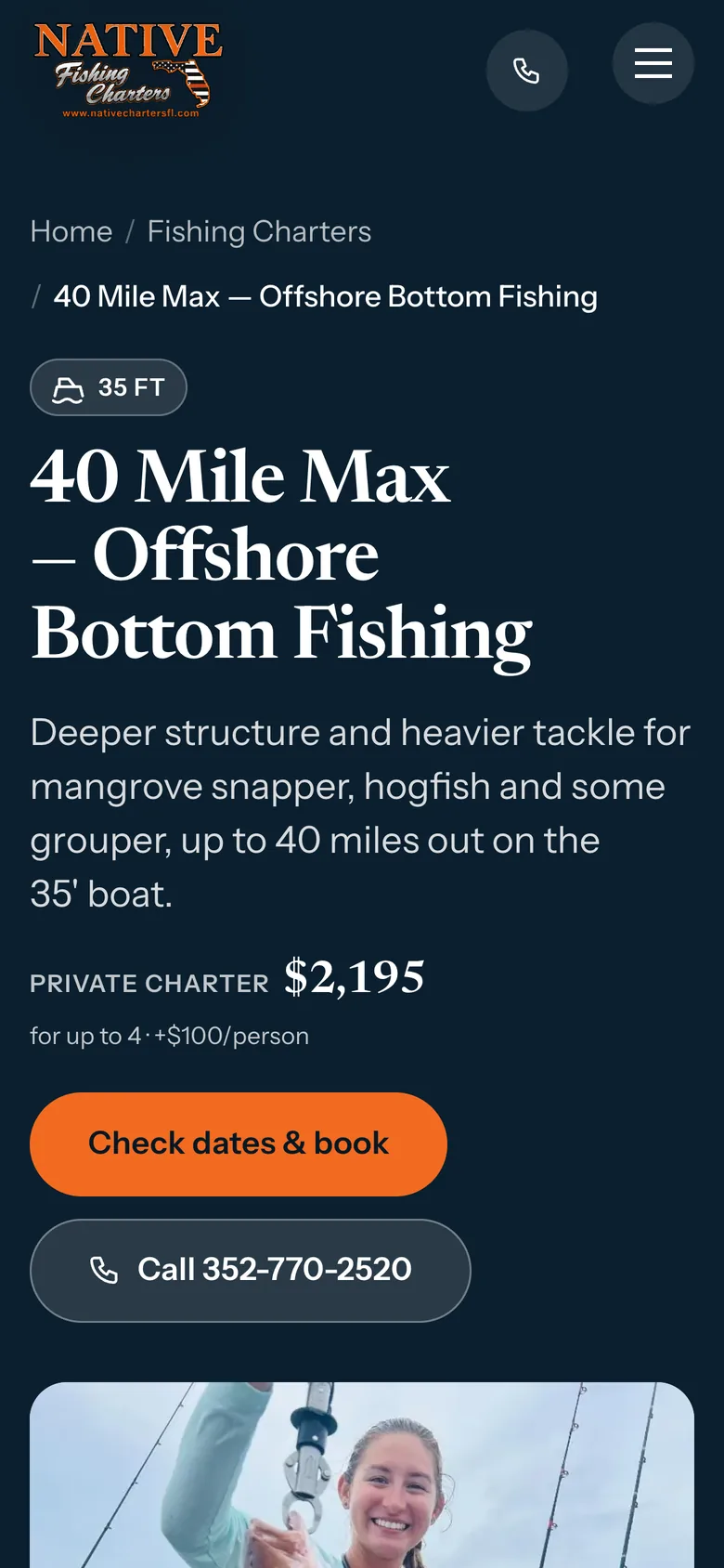 A trip page on the redesigned Native Charters site, on a phone: the trip name, a photograph, the price and a booking button.