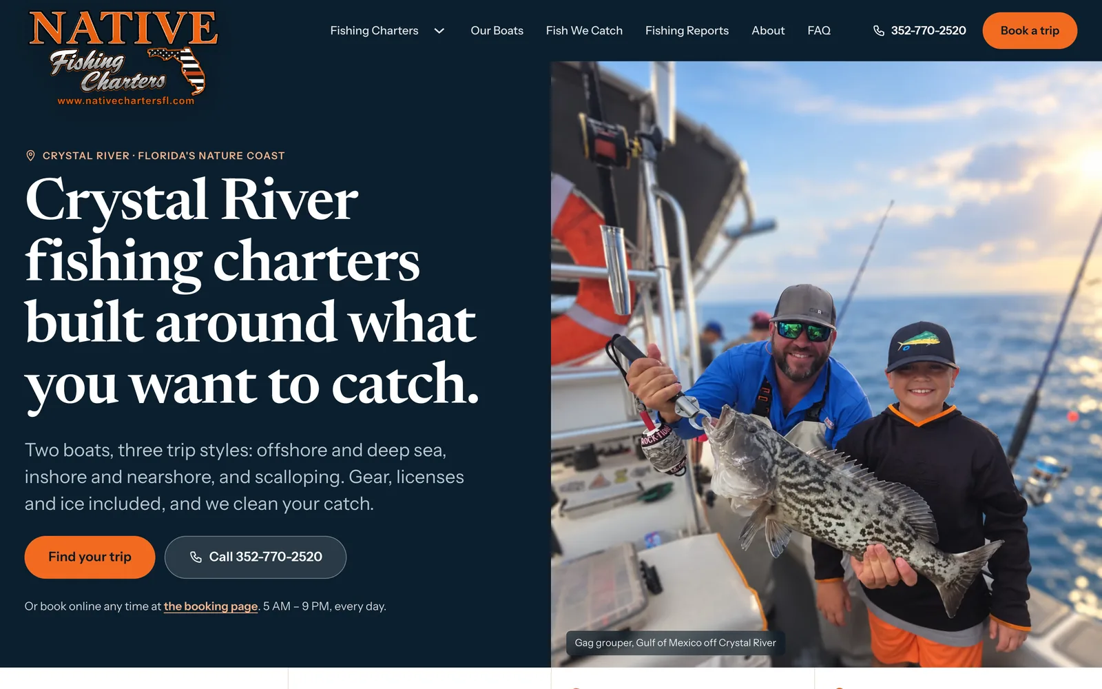 Home page of Native Charters, a fishing charters site, built on WordPress.