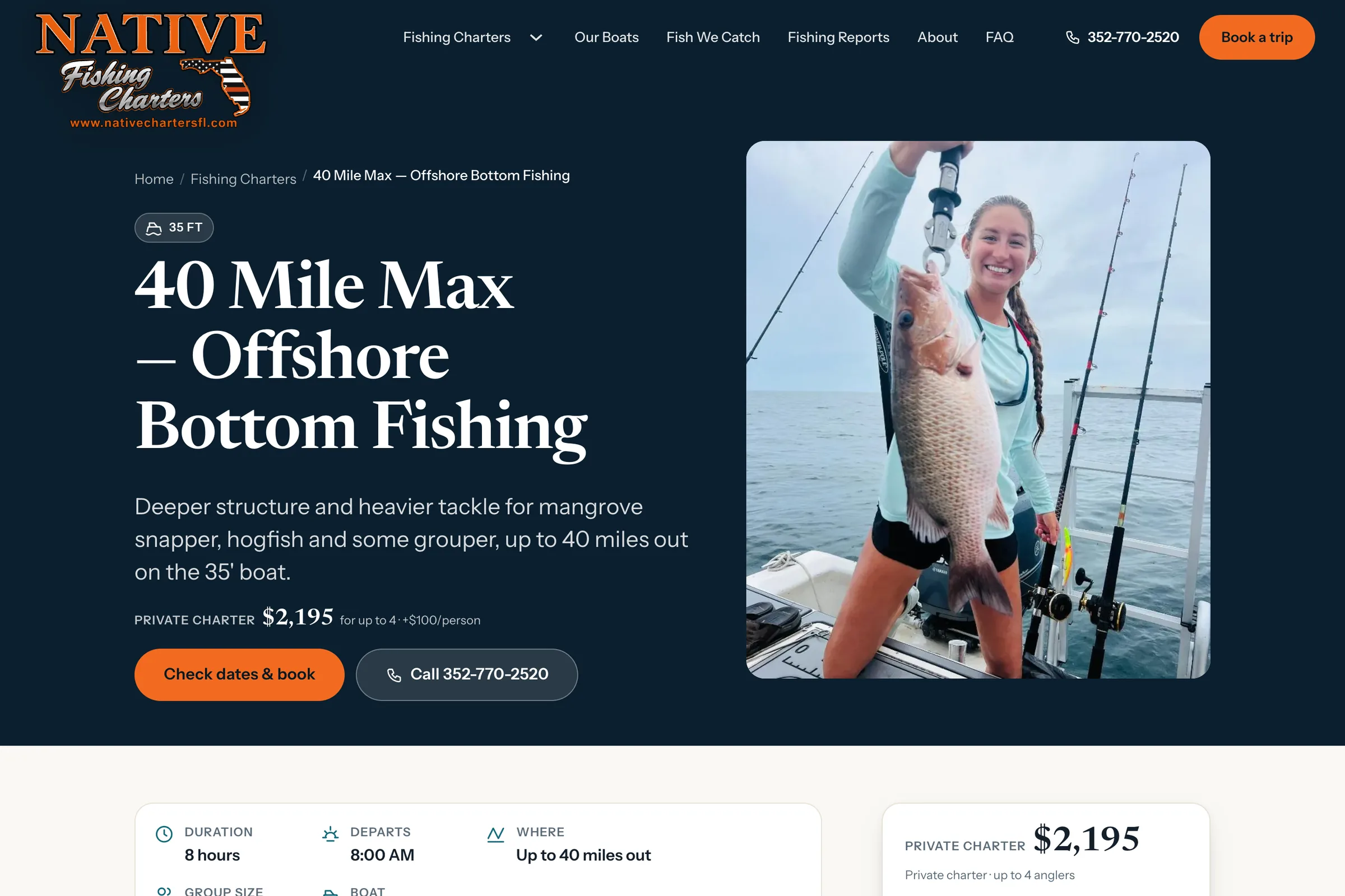A trip page on the redesigned Native Charters site: 40 Mile Max Offshore Bottom Fishing, with duration, departure, group size and boat, the price for a private charter, what is included and a Check Dates and Book button.