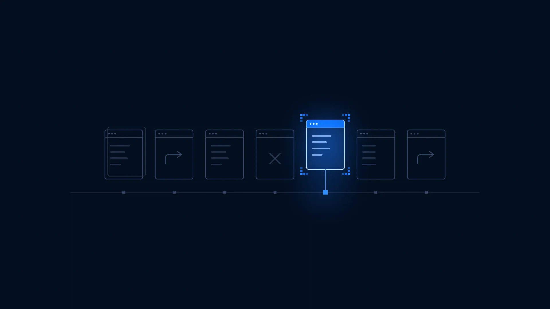 Illustration of a row of dimmed page outlines marked as redirects, duplicates and removed pages, with one page raised and highlighted in blue, on dark navy.