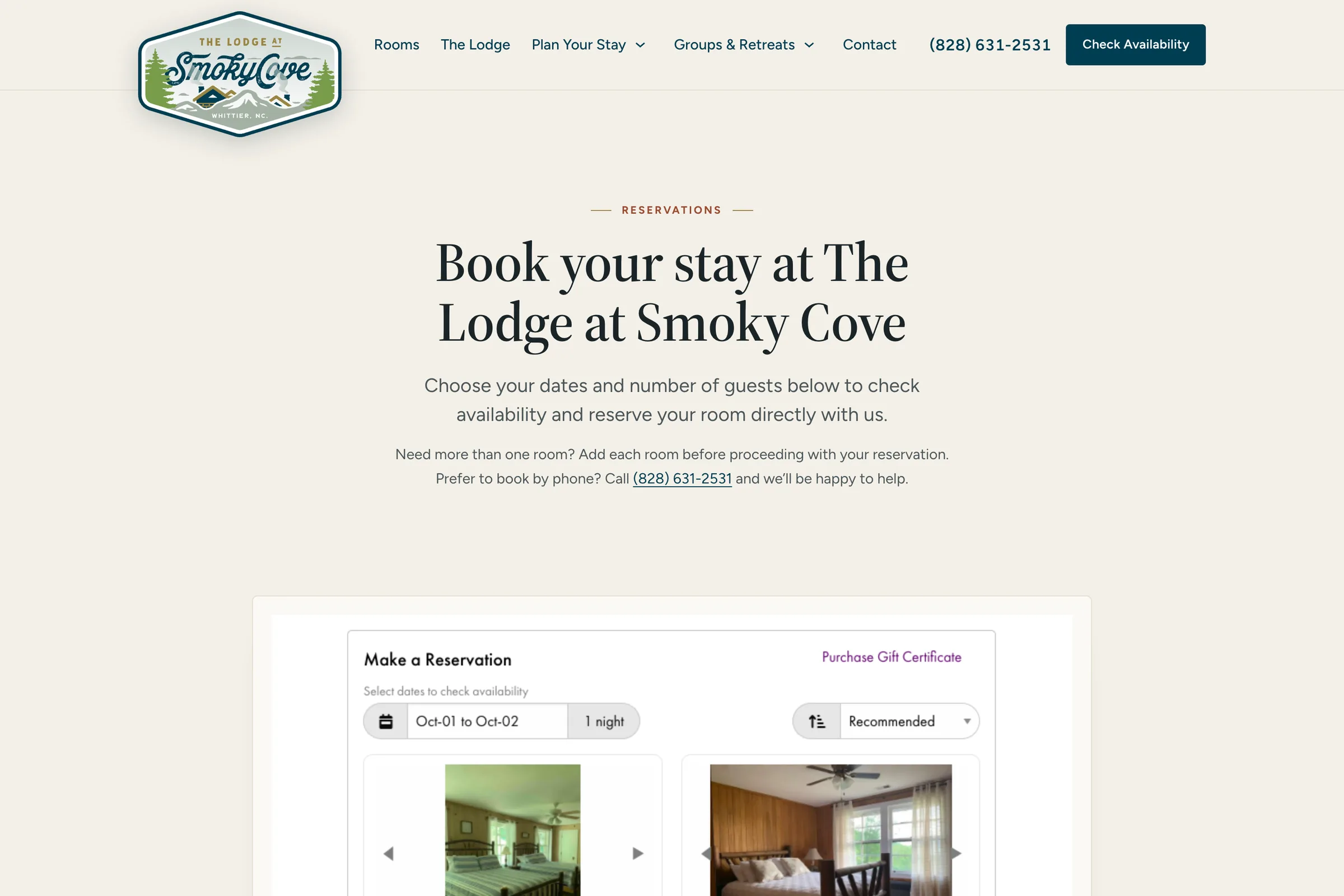 The Book Your Stay page on the Smoky Cove Lodge site with the reservation form for dates and guests.