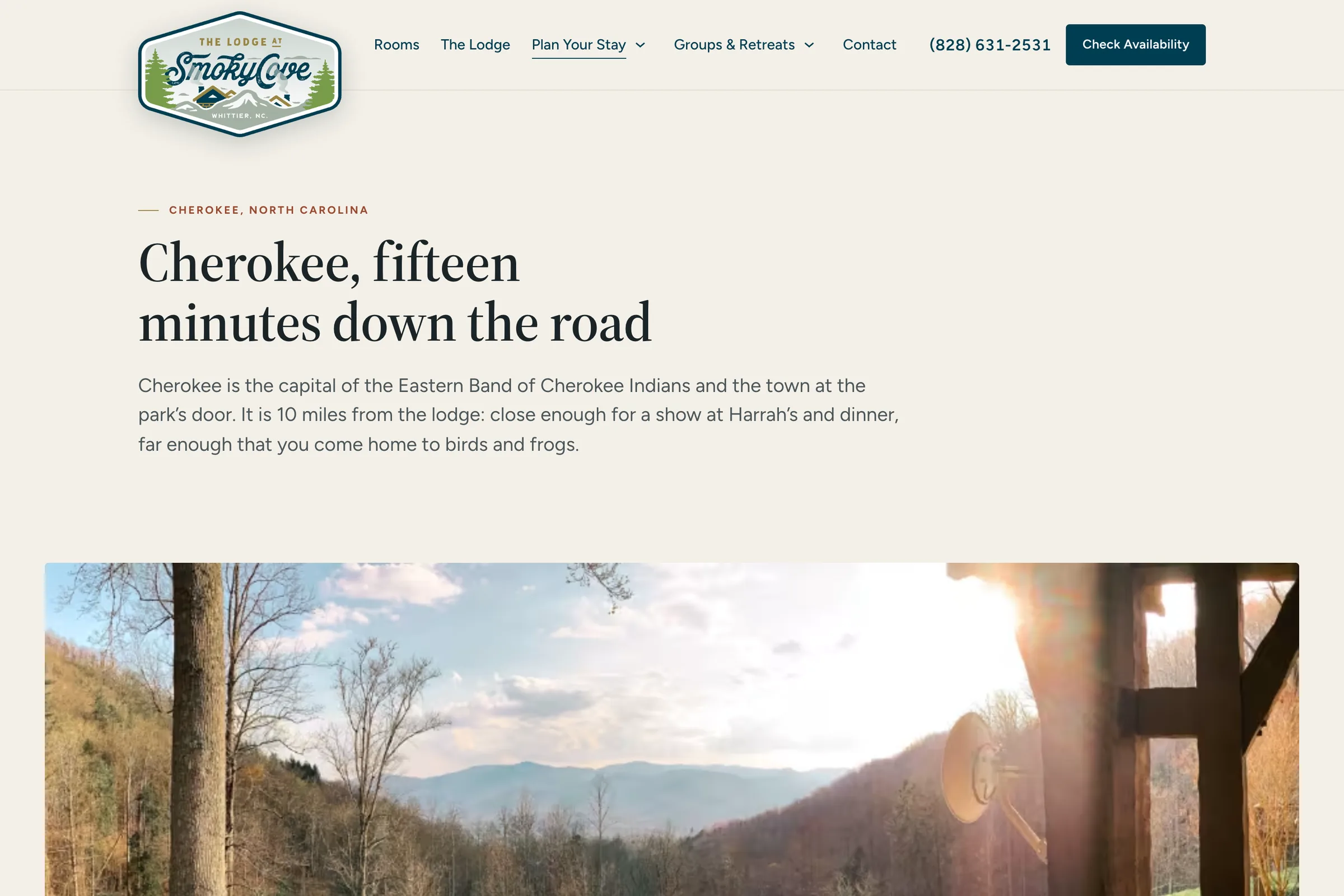 The Cherokee page on the Smoky Cove Lodge site: the heading Cherokee, fifteen minutes down the road, above a photograph of a mountain view.