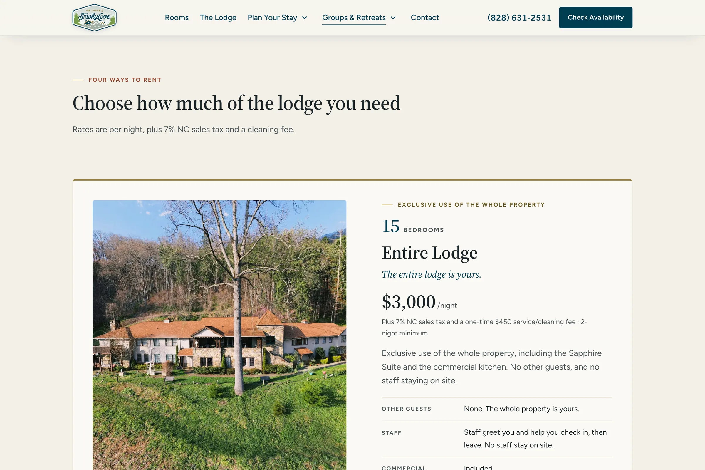 The Choose How Much of the Lodge You Need section of the Smoky Cove group rentals page, opening on the first of four options: the Entire Lodge, 15 bedrooms, 3,000 dollars a night plus tax and fees, with who else is on site and what is included.
