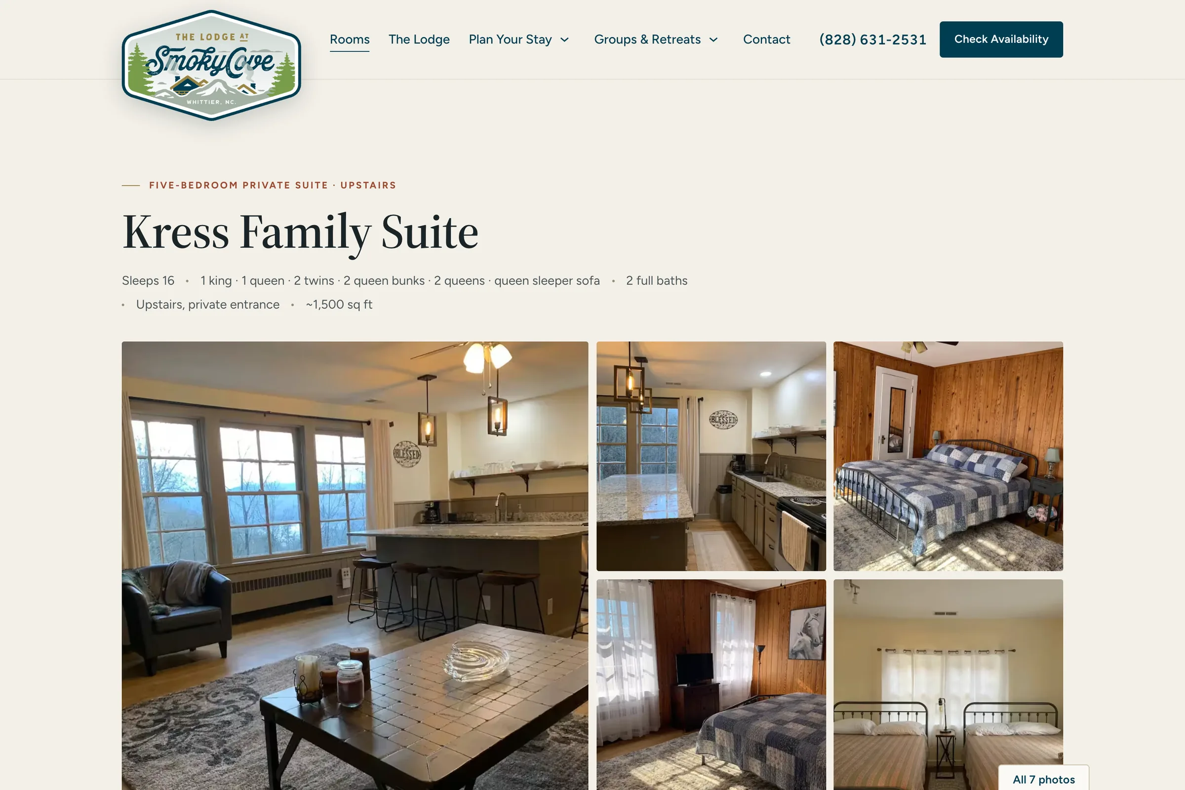 The Kress Family Suite page on the Smoky Cove Lodge site: a gallery of the suite's rooms, its bedrooms and baths, the nightly price and a Check Availability button.