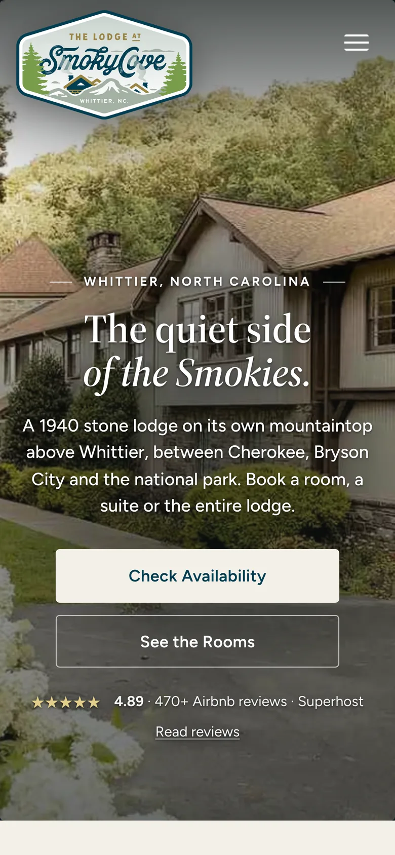 The rebuilt Smoky Cove Lodge homepage on a phone: the lodge photograph, the headline The quiet side of the Smokies, and buttons to check availability or see the rooms.