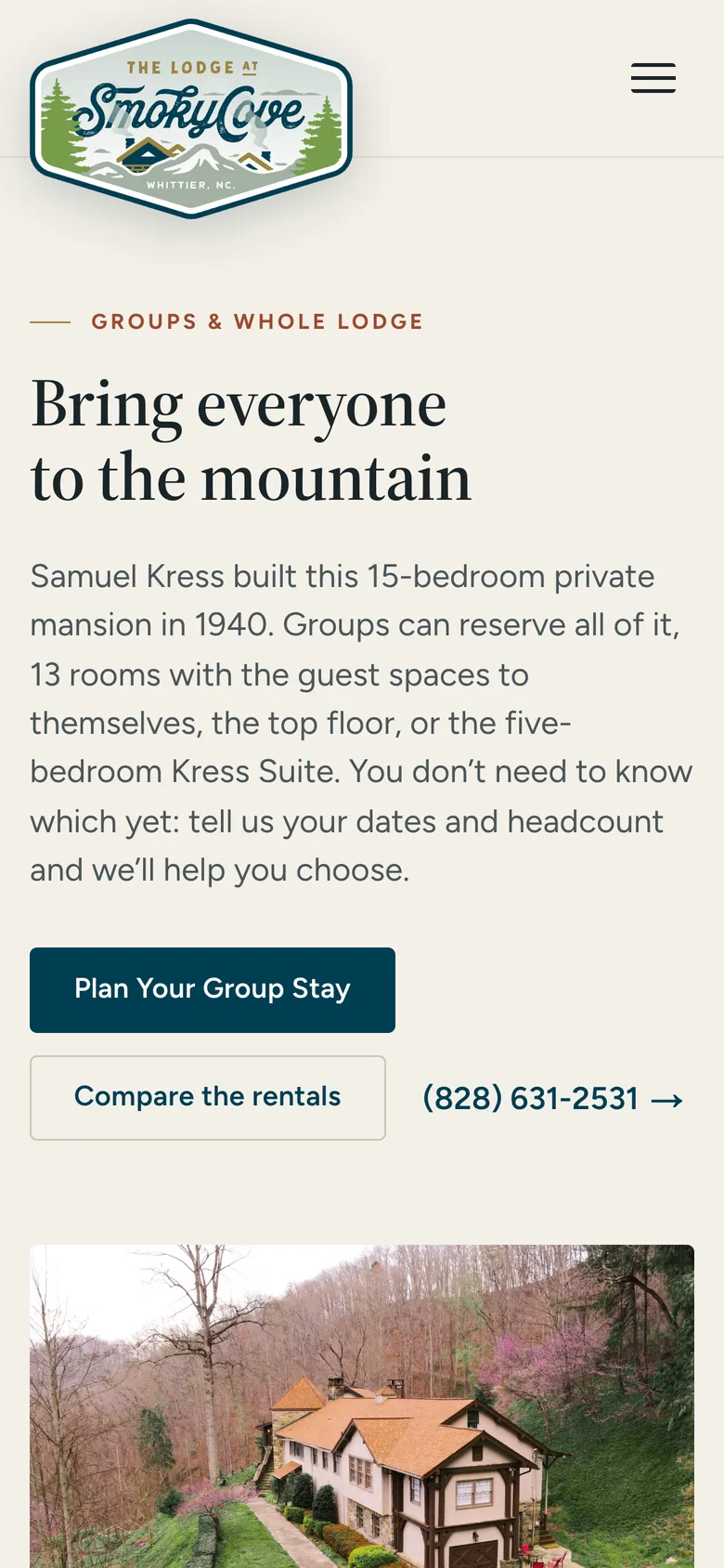 The Smoky Cove group rentals page on a phone: the heading Bring everyone to the mountain and a photograph of the lodge.