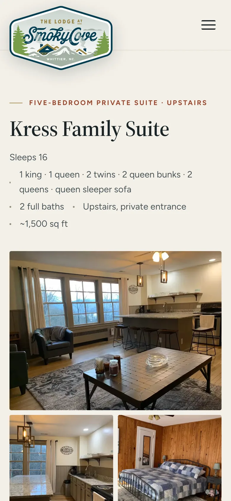 The Kress Family Suite page on a phone: the suite's name, key facts and photographs.