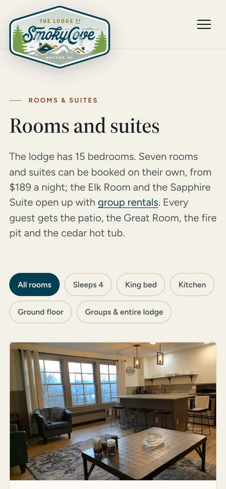 The Smoky Cove rooms page on a phone: the filters and the first room card.