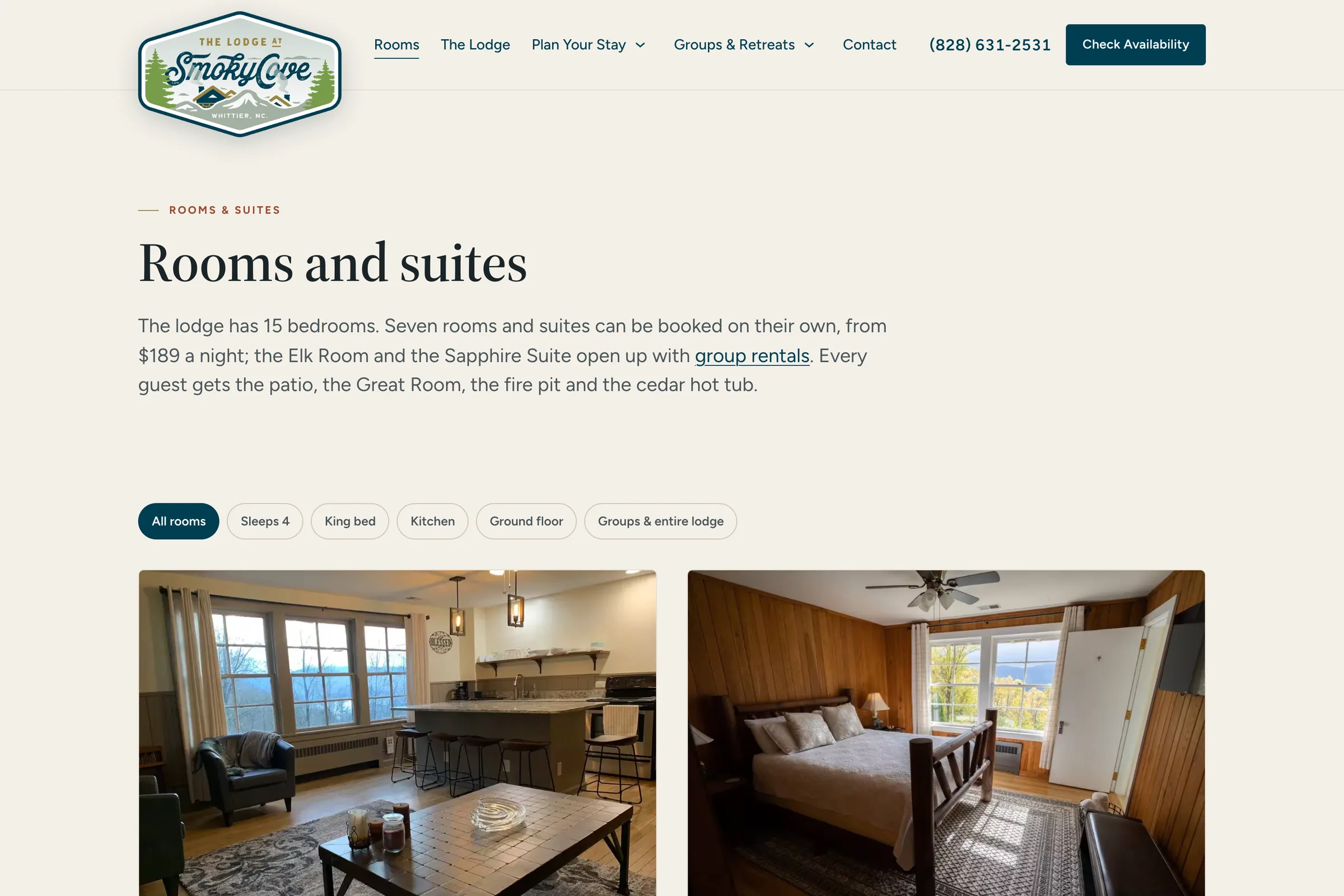 The Rooms and Suites page on the Smoky Cove Lodge site: filters for sleeps four, king bed, kitchen, ground floor and group stays above the first room cards with prices.