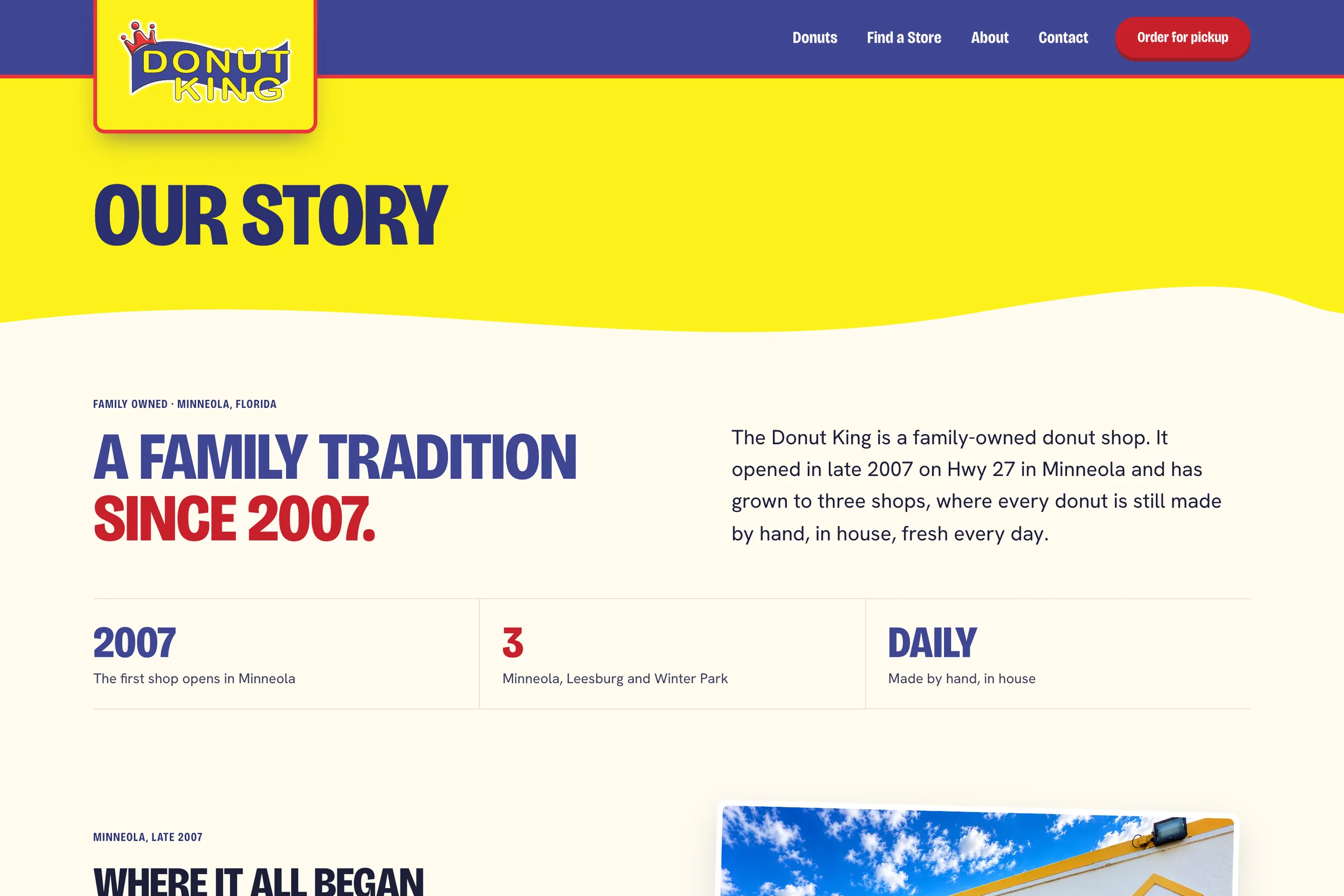 The Our Story page on The Donut King site: the heading A family tradition since 2007, with 2007, three shops and daily baking as key facts.