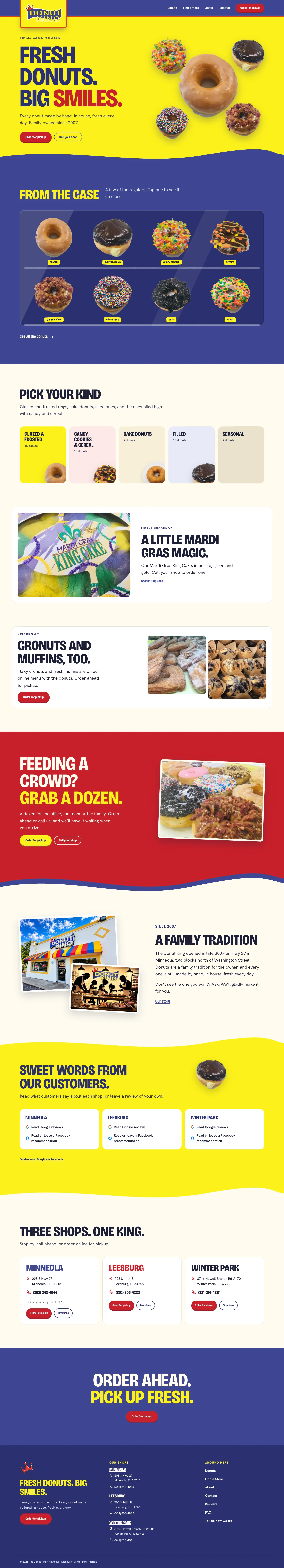 The full redesigned Donut King homepage: the hero, a case of eight favorite donuts, the kinds of donut, the Mardi Gras King Cake, cronuts and muffins, a dozen for a crowd, the family story, reviews by shop, the three shops, an order ahead banner and the footer.