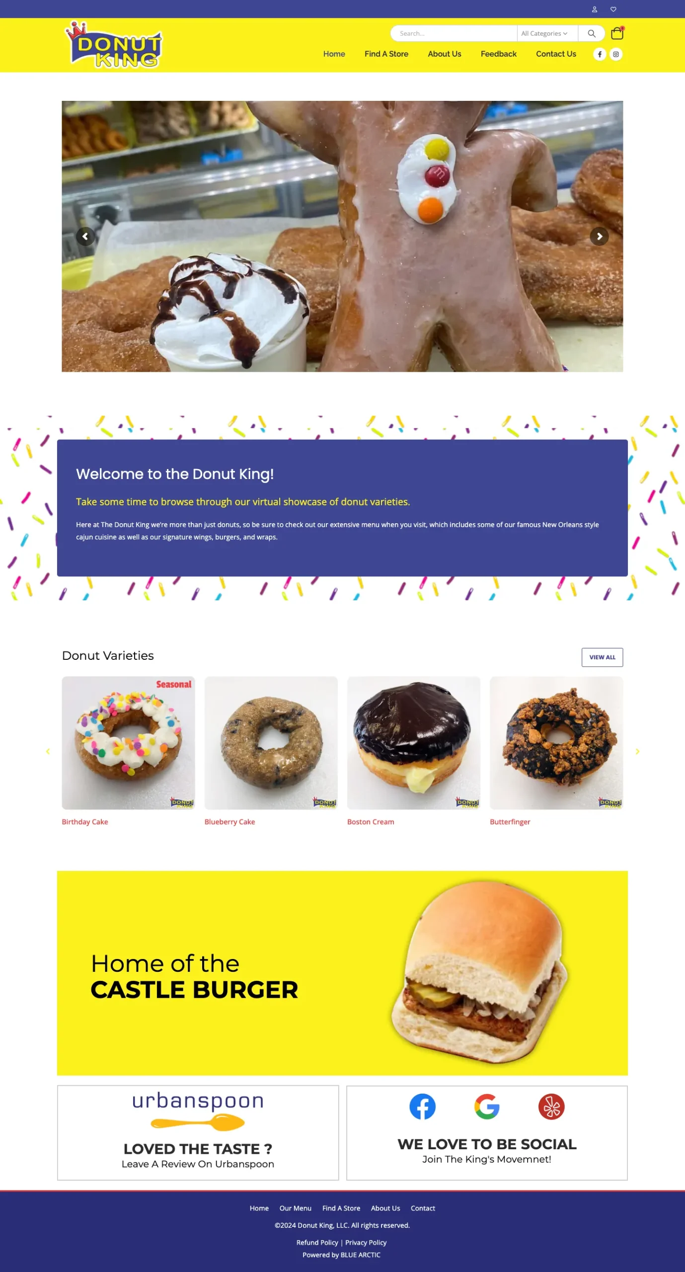 The full original Donut King homepage: the header with search and cart, the photo slider, a welcome panel, a Donut Varieties carousel, a Home of the Castle Burger banner, review and social panels, and the footer.