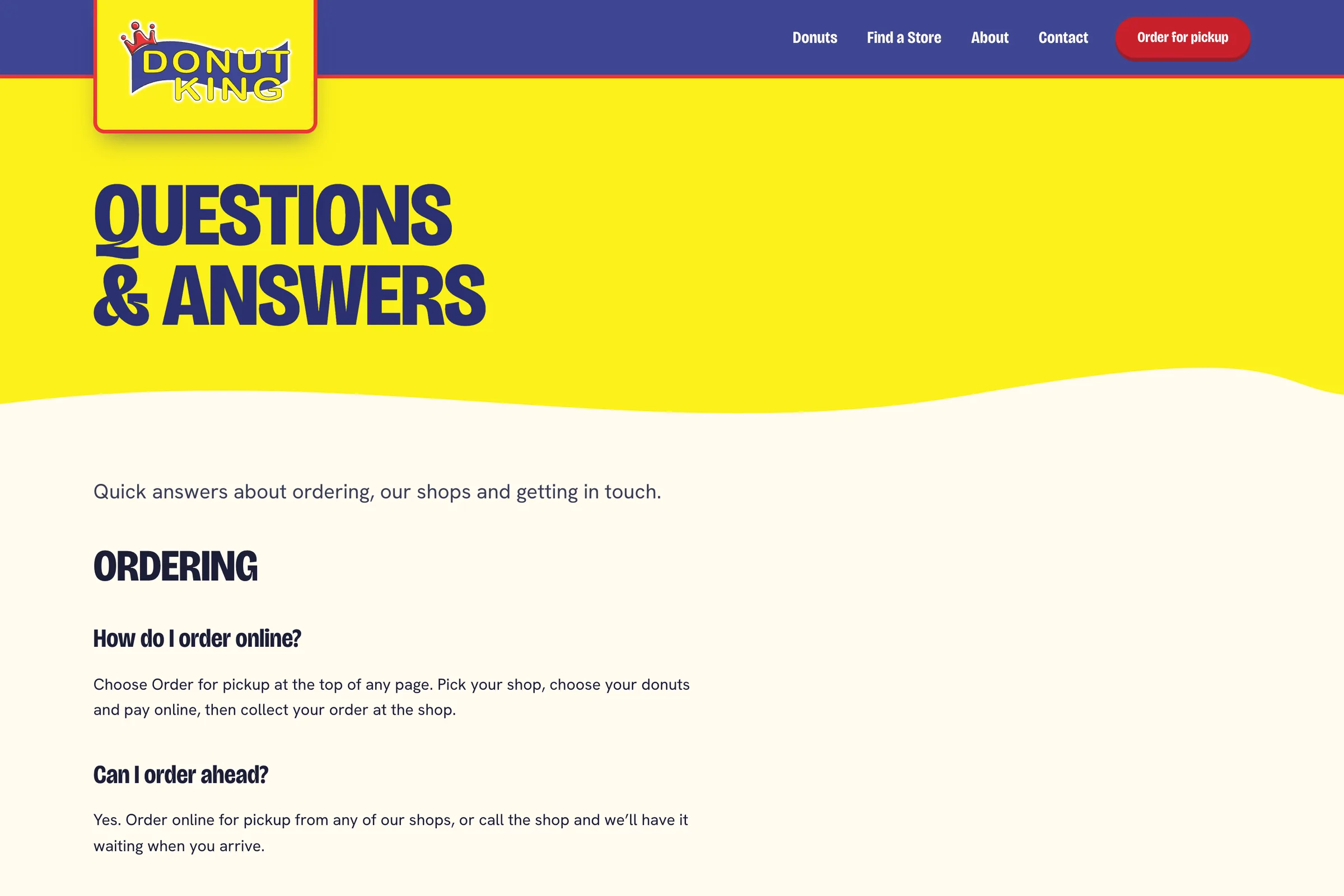 The Questions and Answers page on The Donut King site, opening on how to order online and whether you can order ahead.