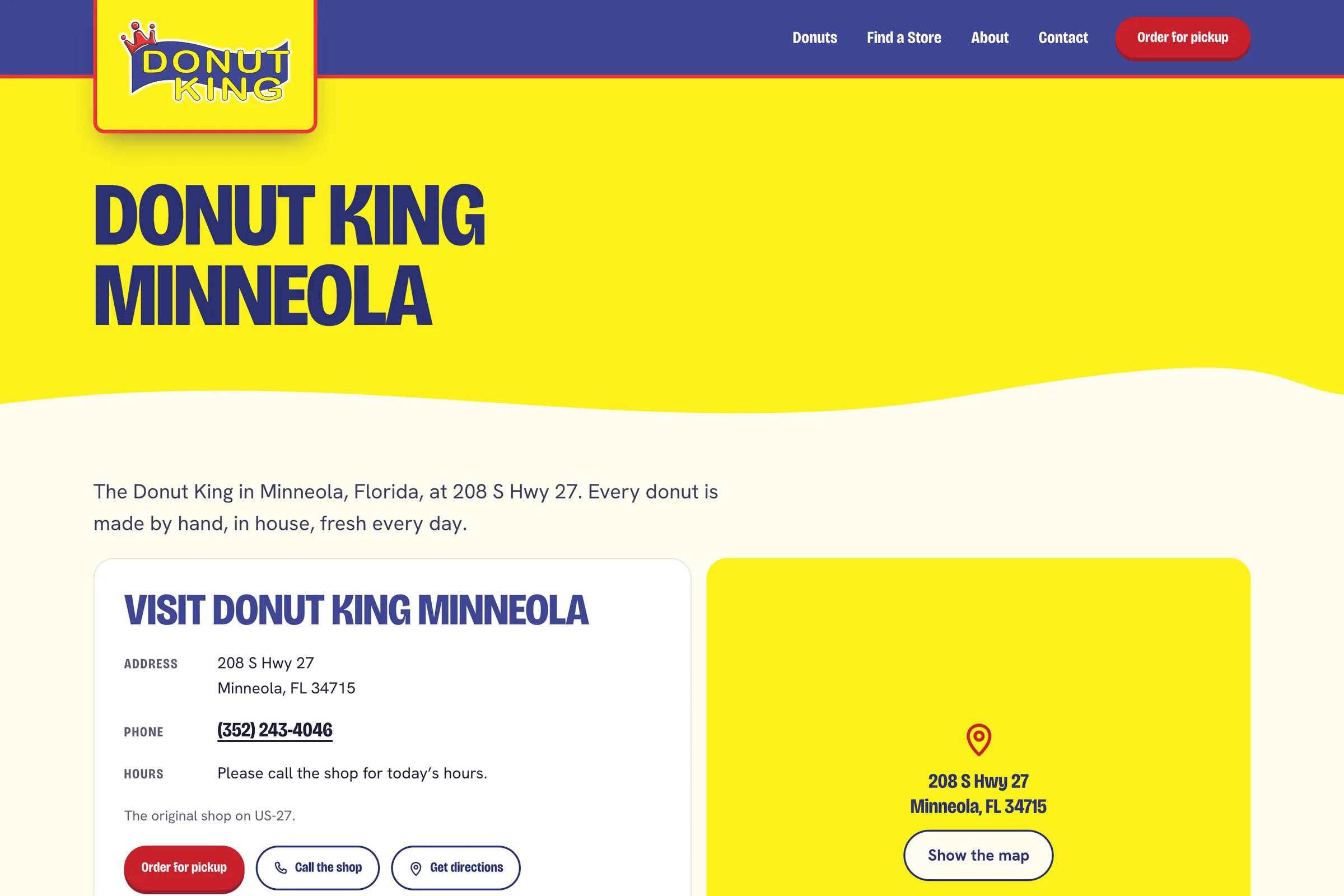 The Donut King Minneola page: the shop's address, phone number and hours note, Order for pickup, call and directions buttons, and a map that loads on request.