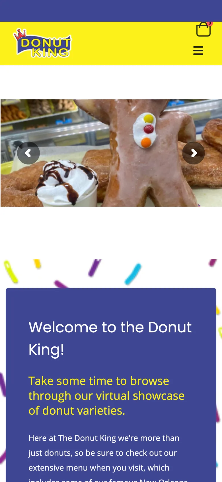 The original Donut King homepage on a phone: the logo, a cart icon and a menu button above the photo slider and the start of a welcome panel.