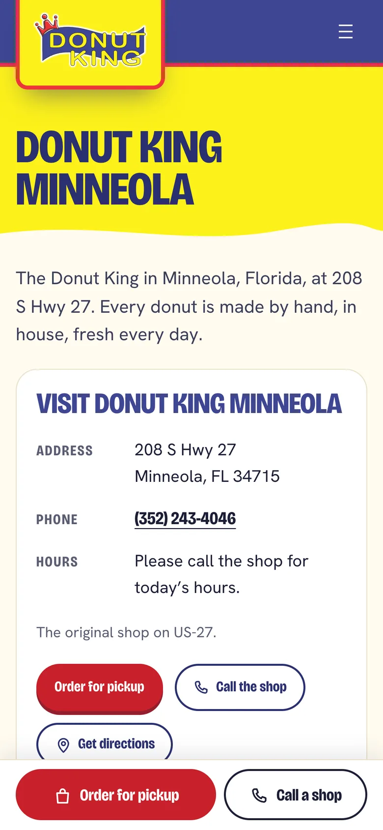 The Donut King Minneola page on a phone: the heading, a line about the shop and the address and phone number.