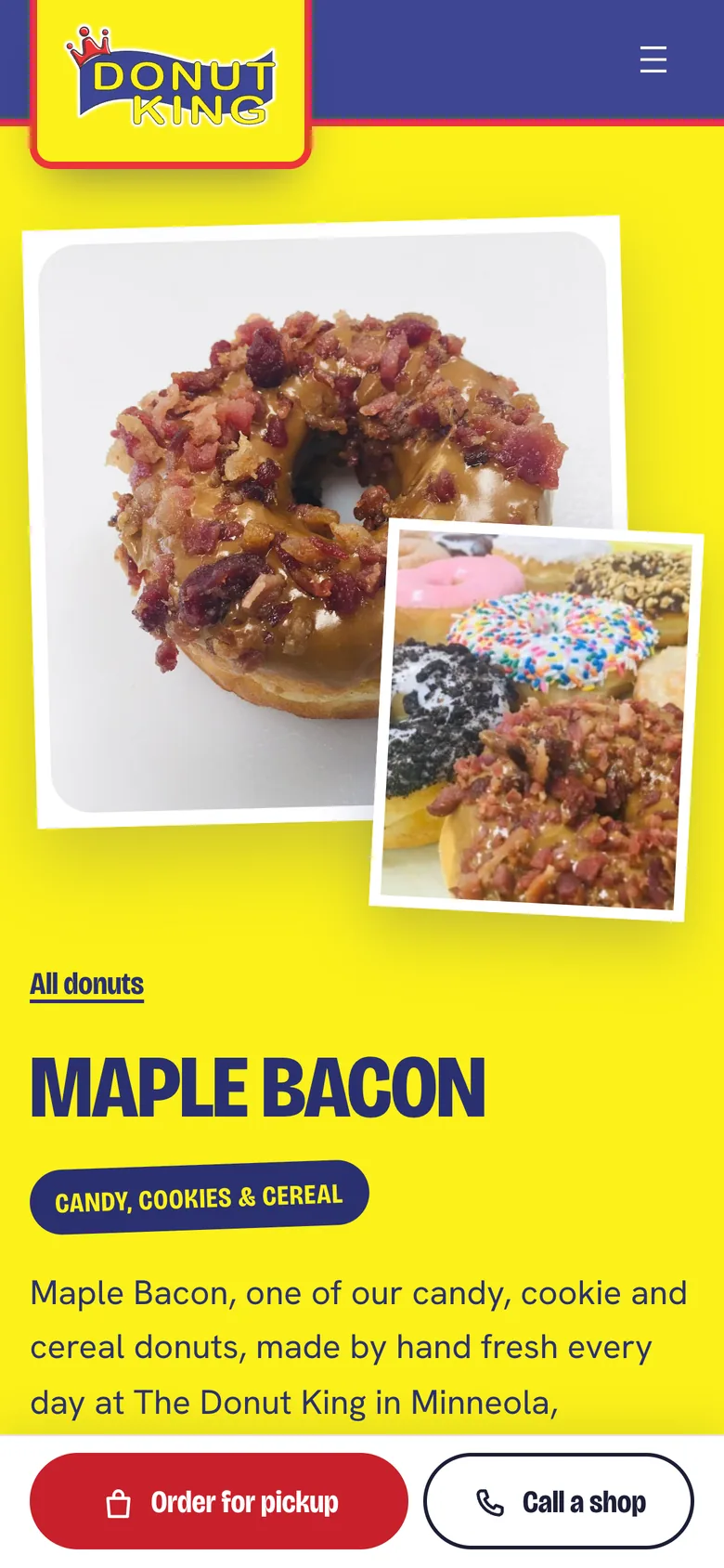 The Maple Bacon donut page on a phone: two photographs of the donut and its name.