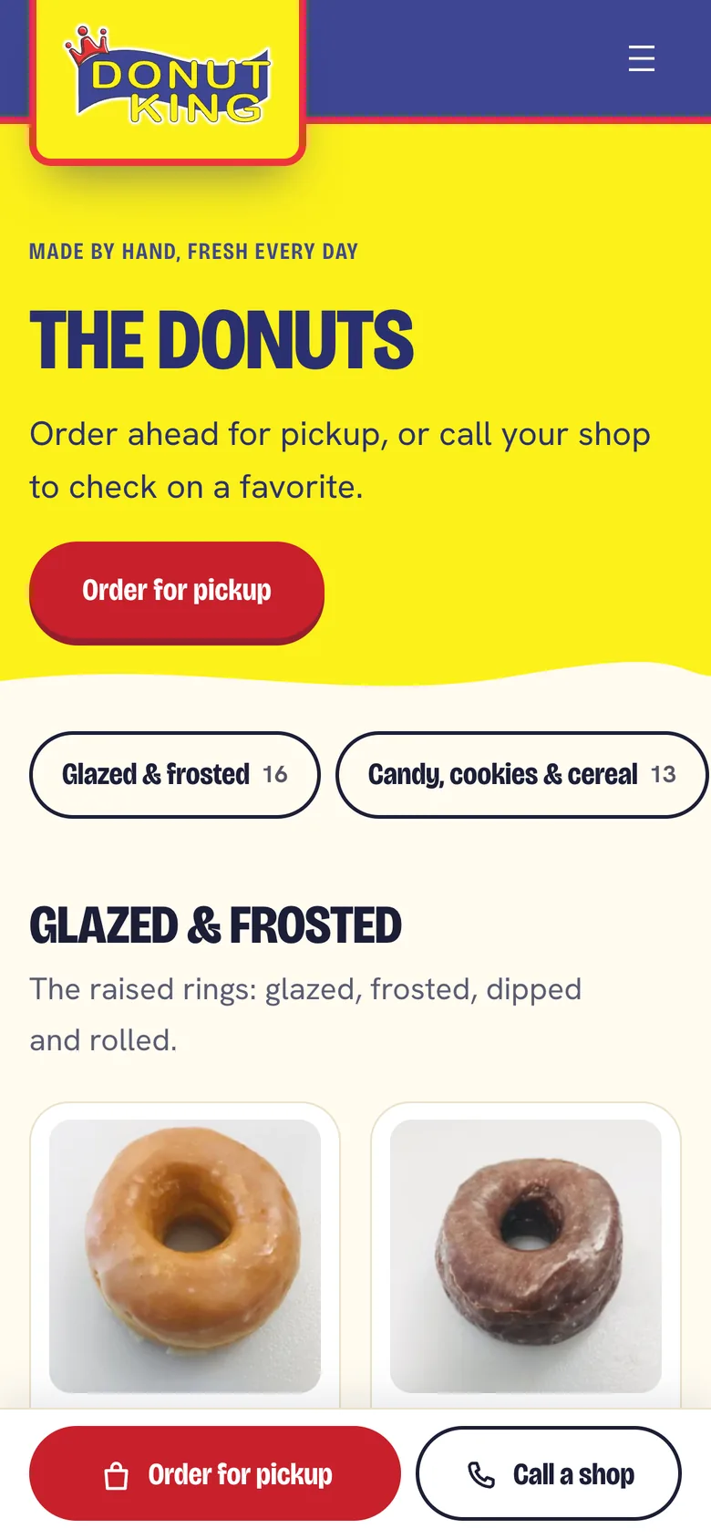The Donuts page on a phone: the heading The donuts, an Order for pickup button and the filters for each kind.