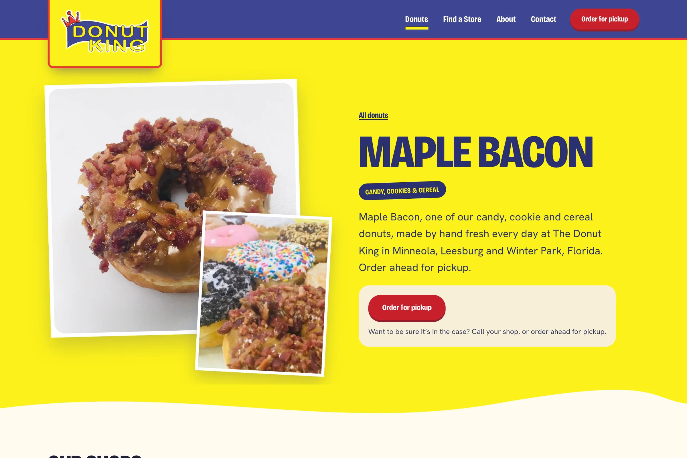 The Maple Bacon donut page on The Donut King site: two photographs of the donut, its kind, a short description and an Order for pickup button.