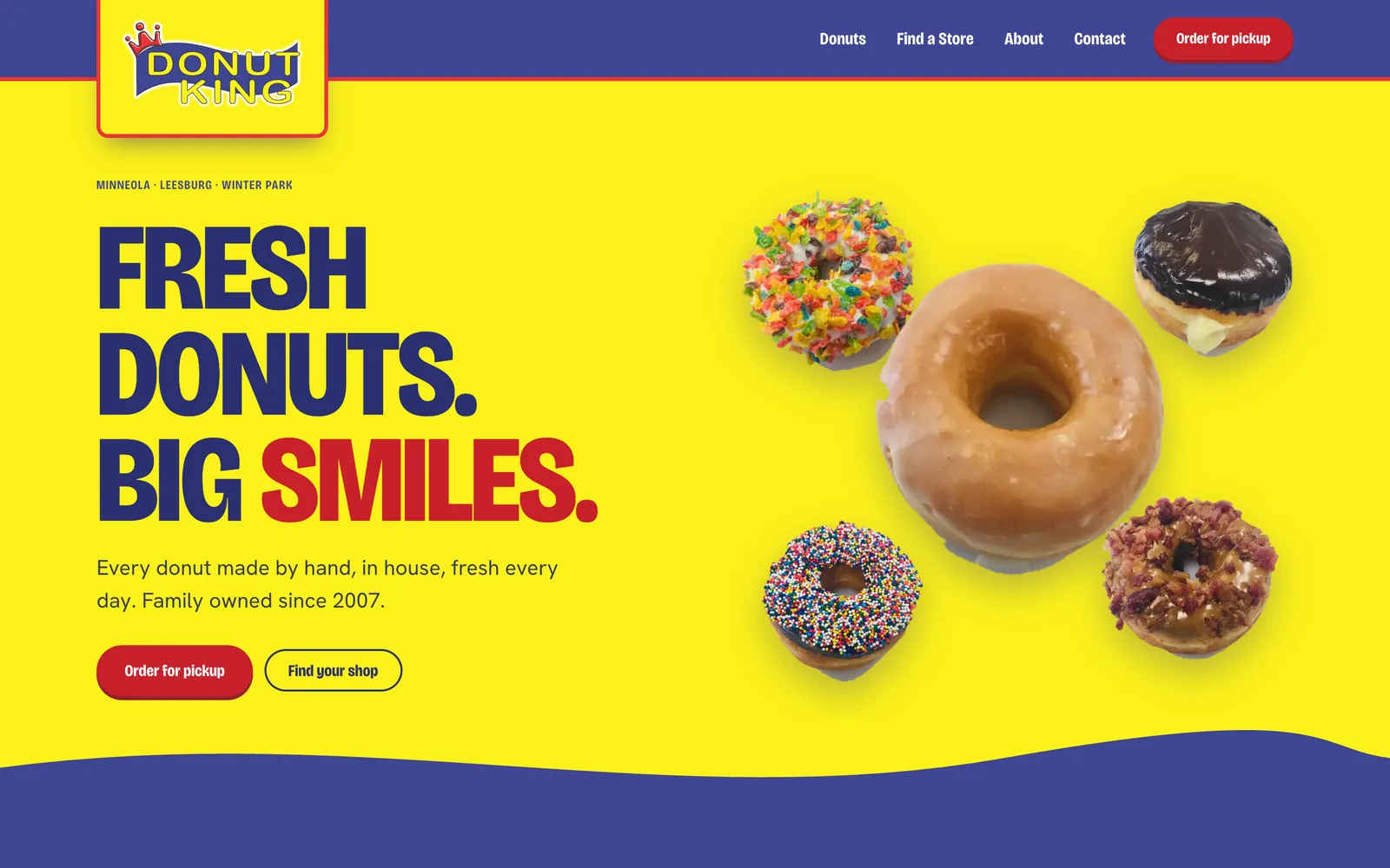 Home page of The Donut King, a bakery and donut shops site, built on WordPress.