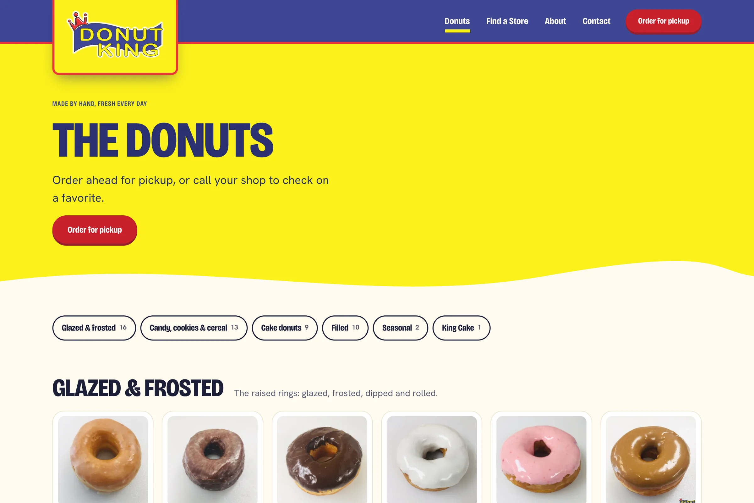 The Donuts page on The Donut King site: the heading The donuts, an Order for pickup button, filters for each kind of donut with counts, and the first row of glazed and frosted donuts.