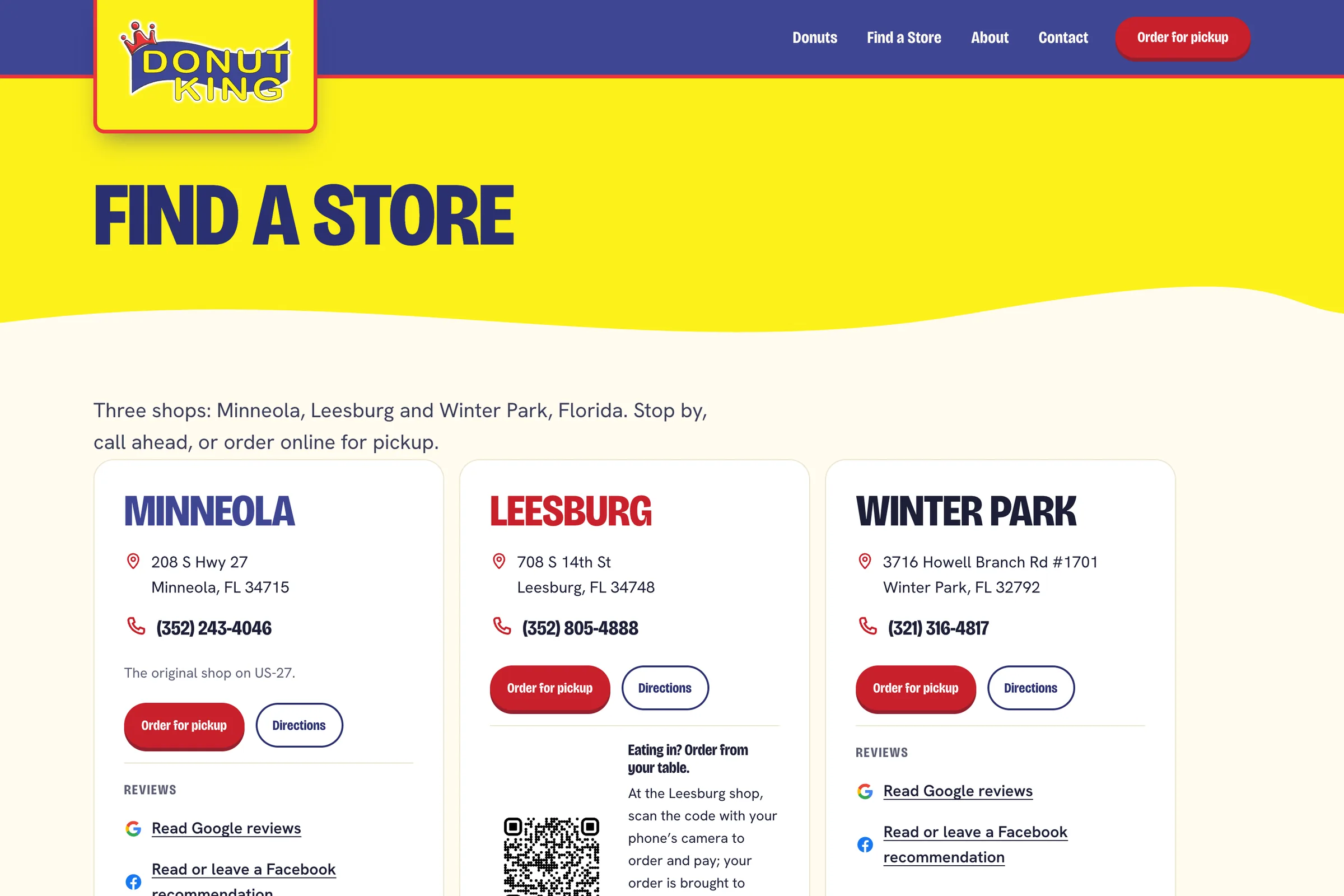 The Find a Store page on The Donut King site: cards for Minneola, Leesburg and Winter Park with addresses, phone numbers, Order for pickup and directions buttons, and the Leesburg order-from-your-table QR code.