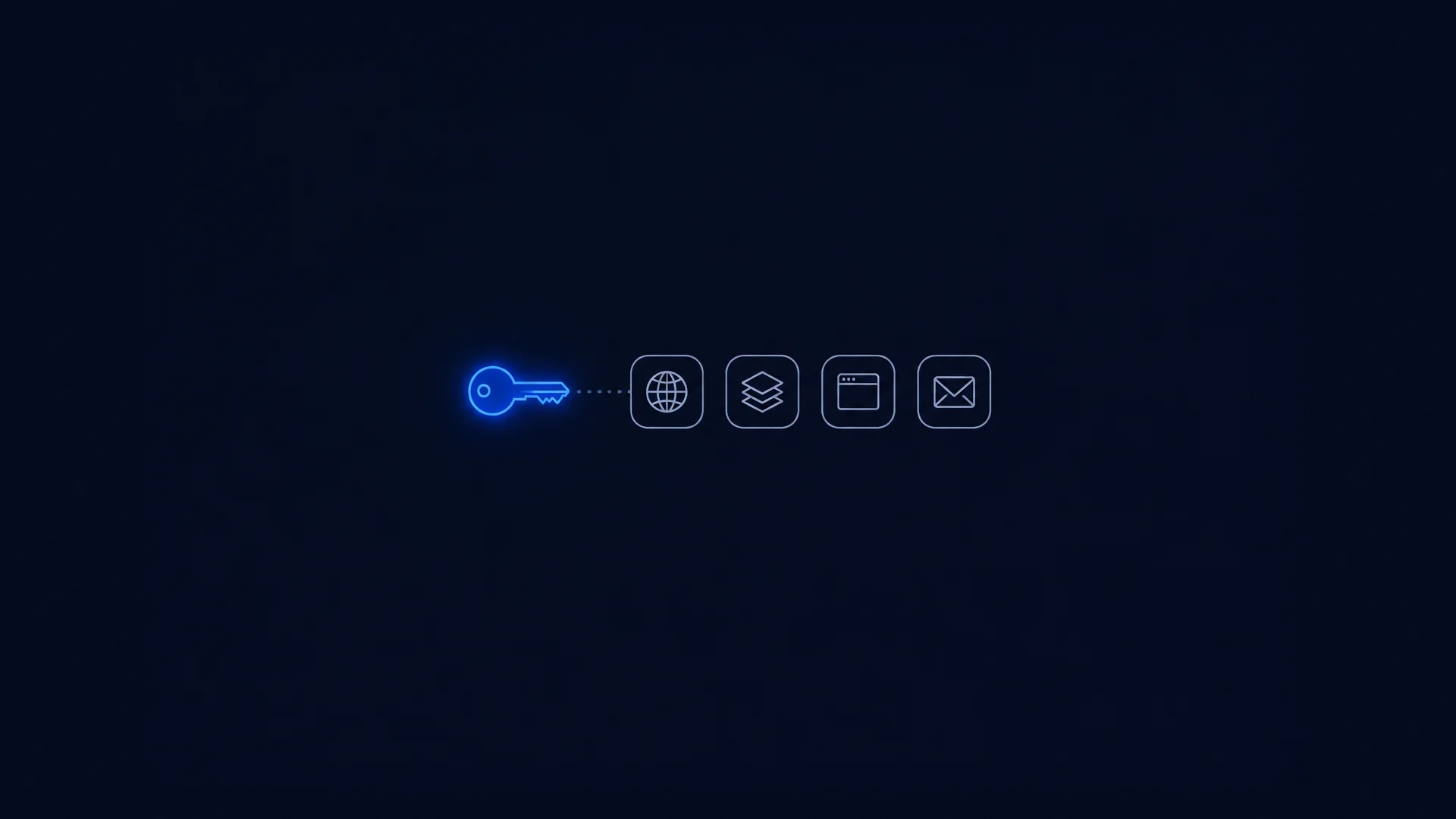 Illustration of an outlined key lit in blue, linked by a dotted line to four outlined cards showing a globe, stacked layers, a browser window and an envelope, on dark navy.