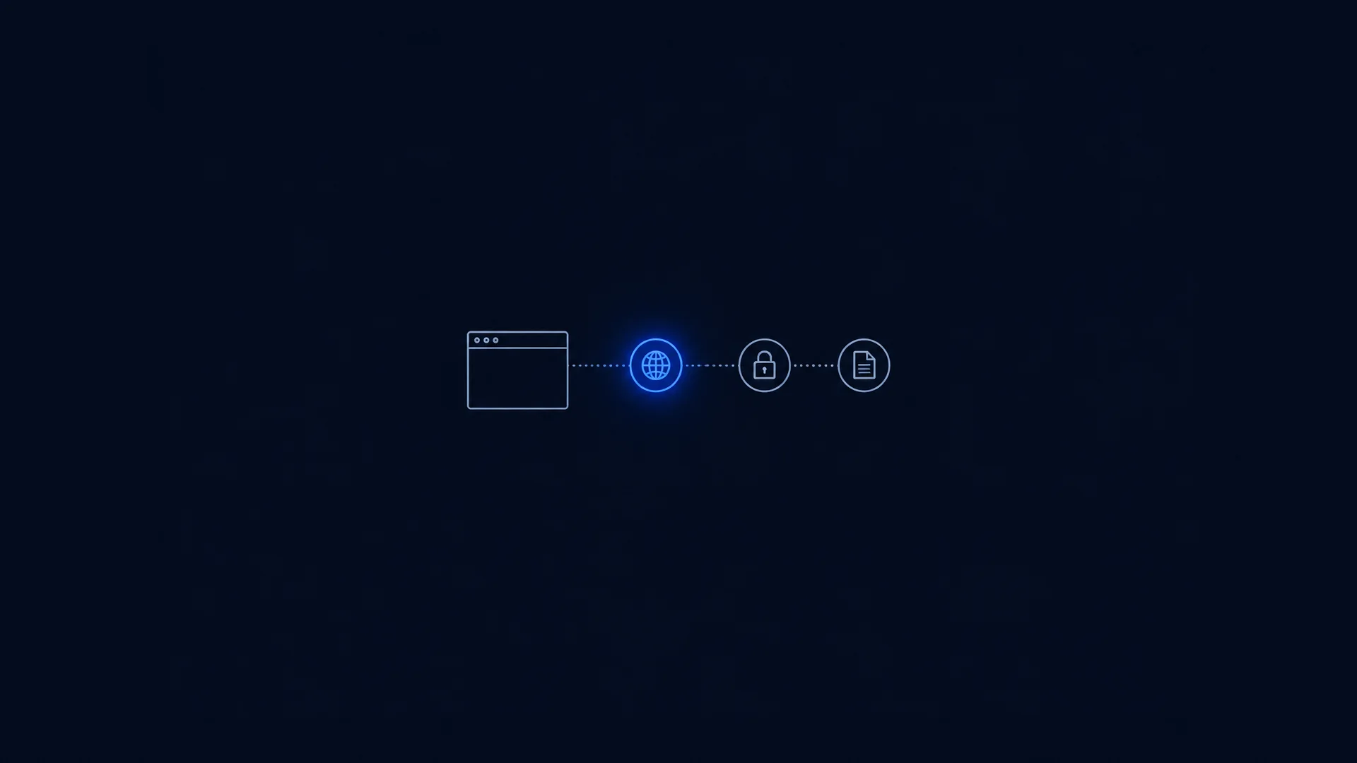 Illustration of an empty browser window linked by a dotted line to three outlined checkpoints, a globe, a padlock and a document, with the globe lit in blue, on dark navy.